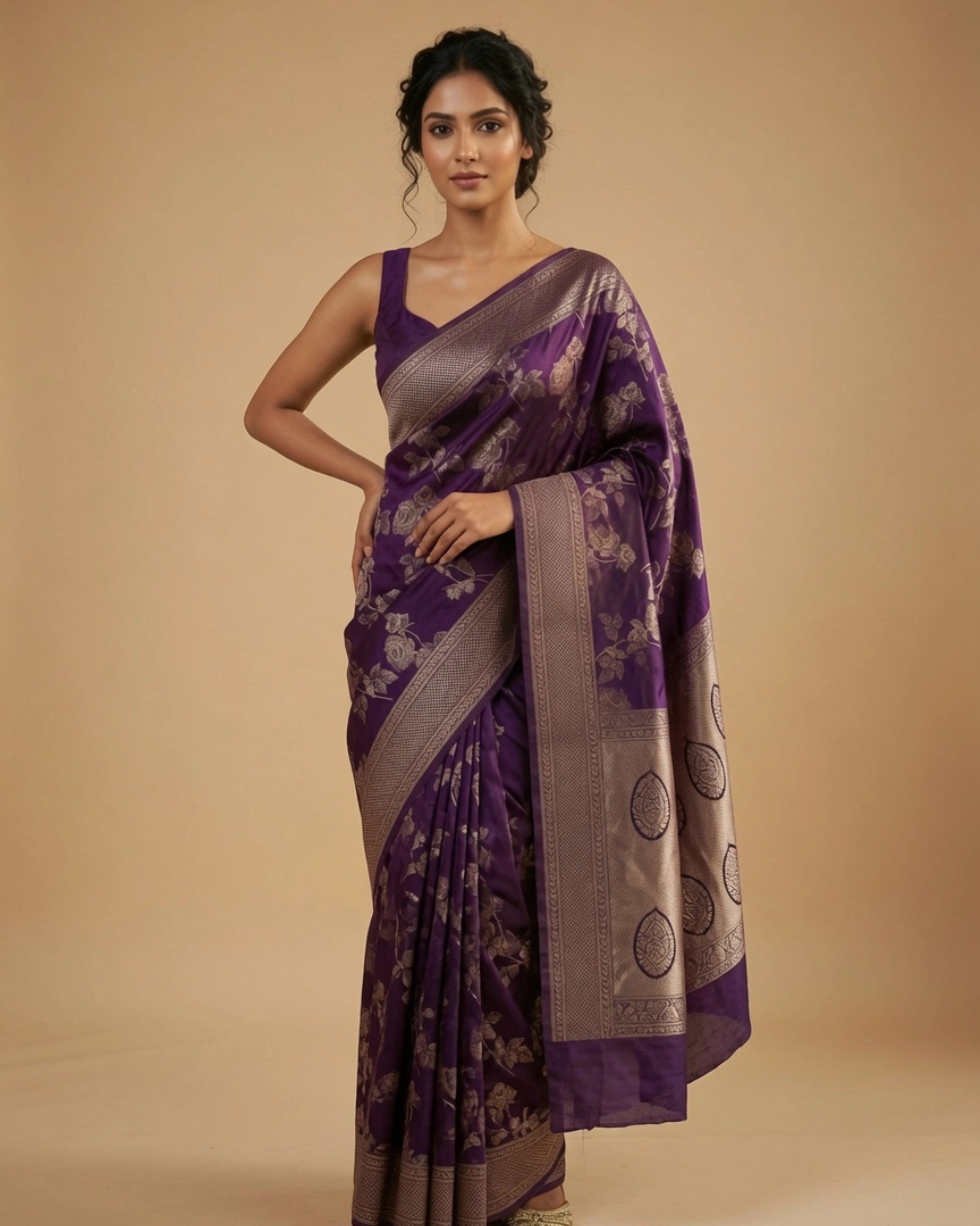 Dark Purple Pure Banarasi Silk Saree with All-Over Gold Zari Floral Design and Matching Blouse