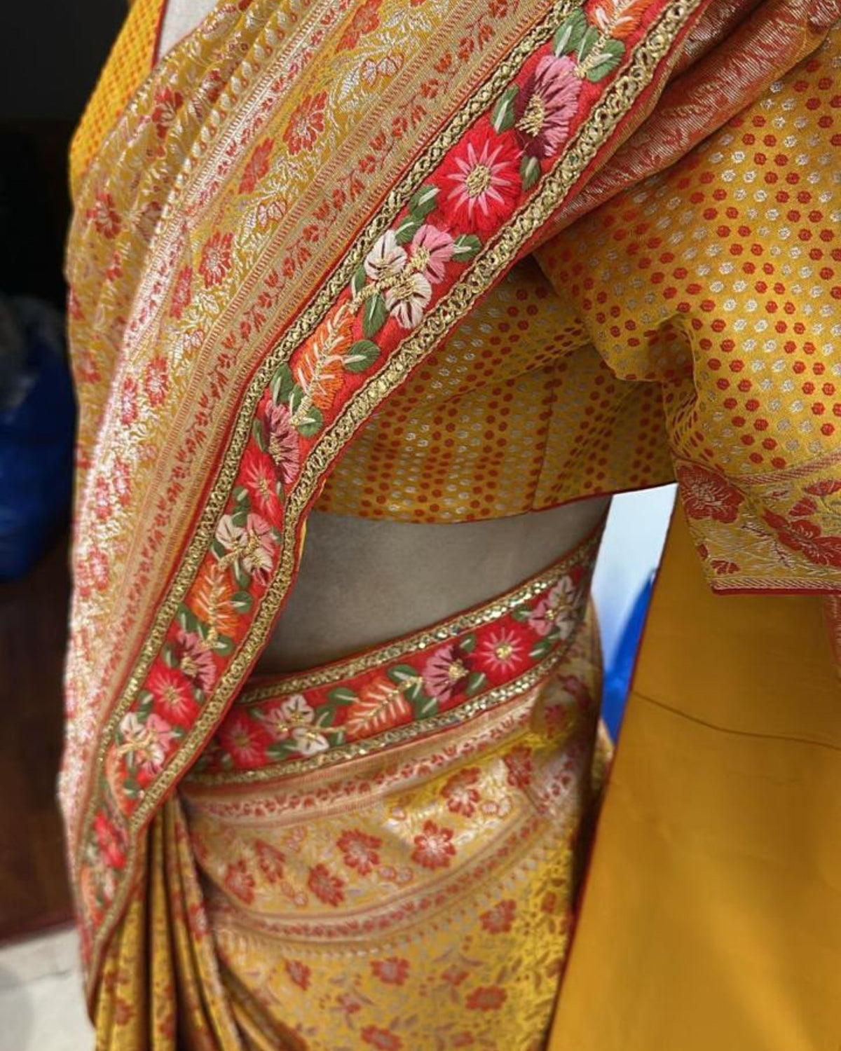 Mustard Yellow Orange Floral Banarasi Silk Saree with Matching Blouse