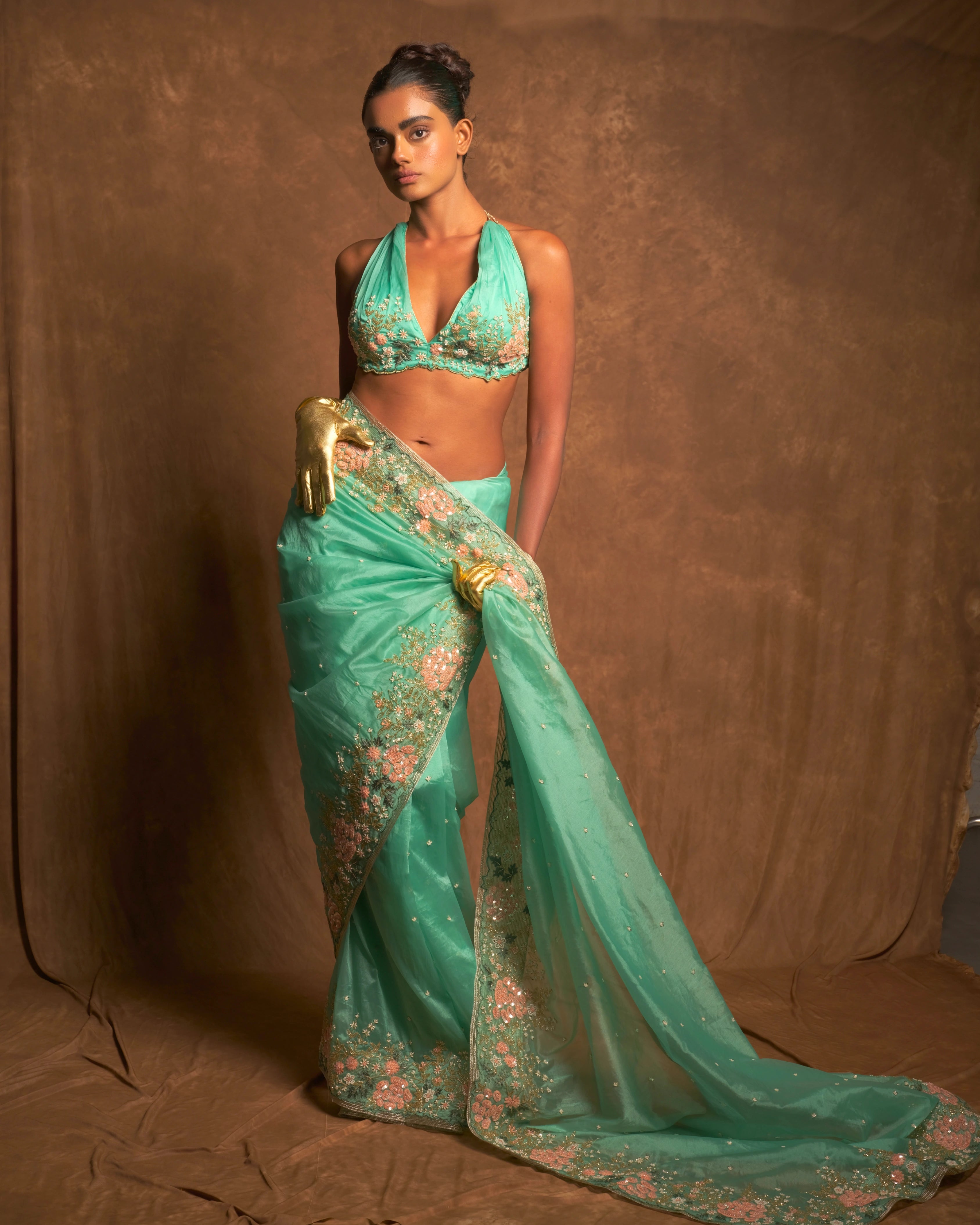 Sky Blue Silk Organza Zardozi Sequins Saree with Bead Handwork and Matching Floral Blouse