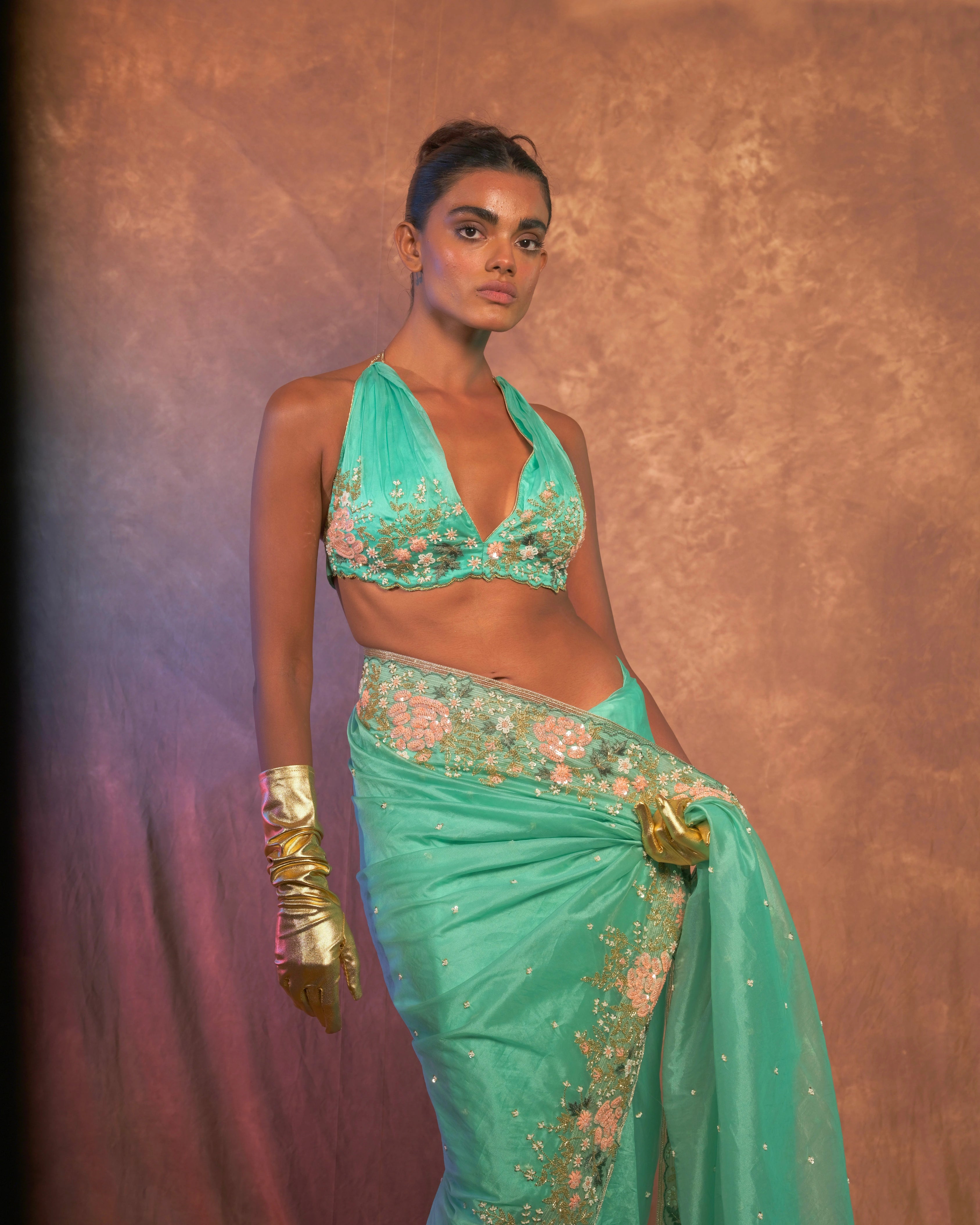 Sky Blue Silk Organza Zardozi Sequins Saree with Bead Handwork and Matching Floral Blouse