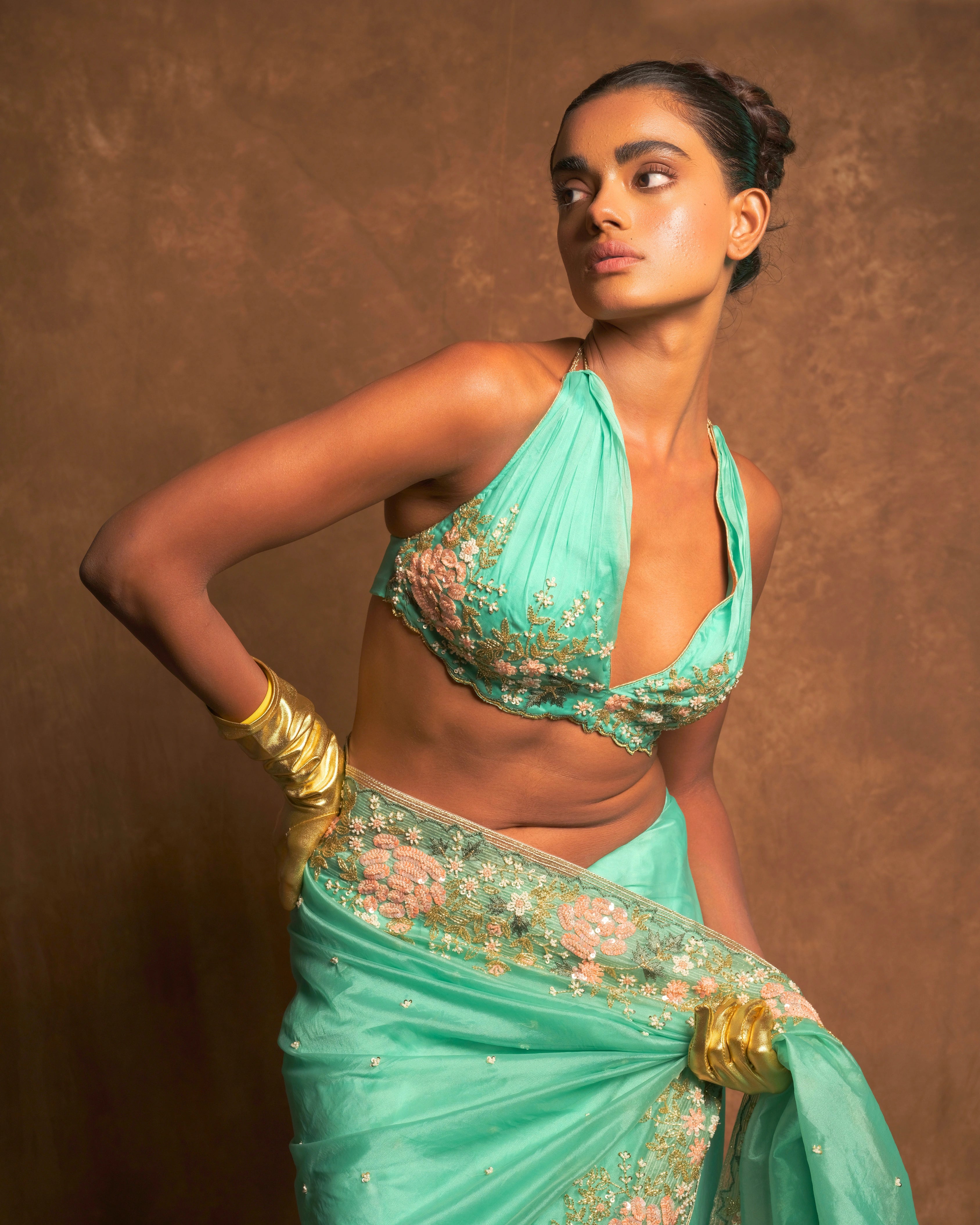 Sky Blue Silk Organza Zardozi Sequins Saree with Bead Handwork and Matching Floral Blouse