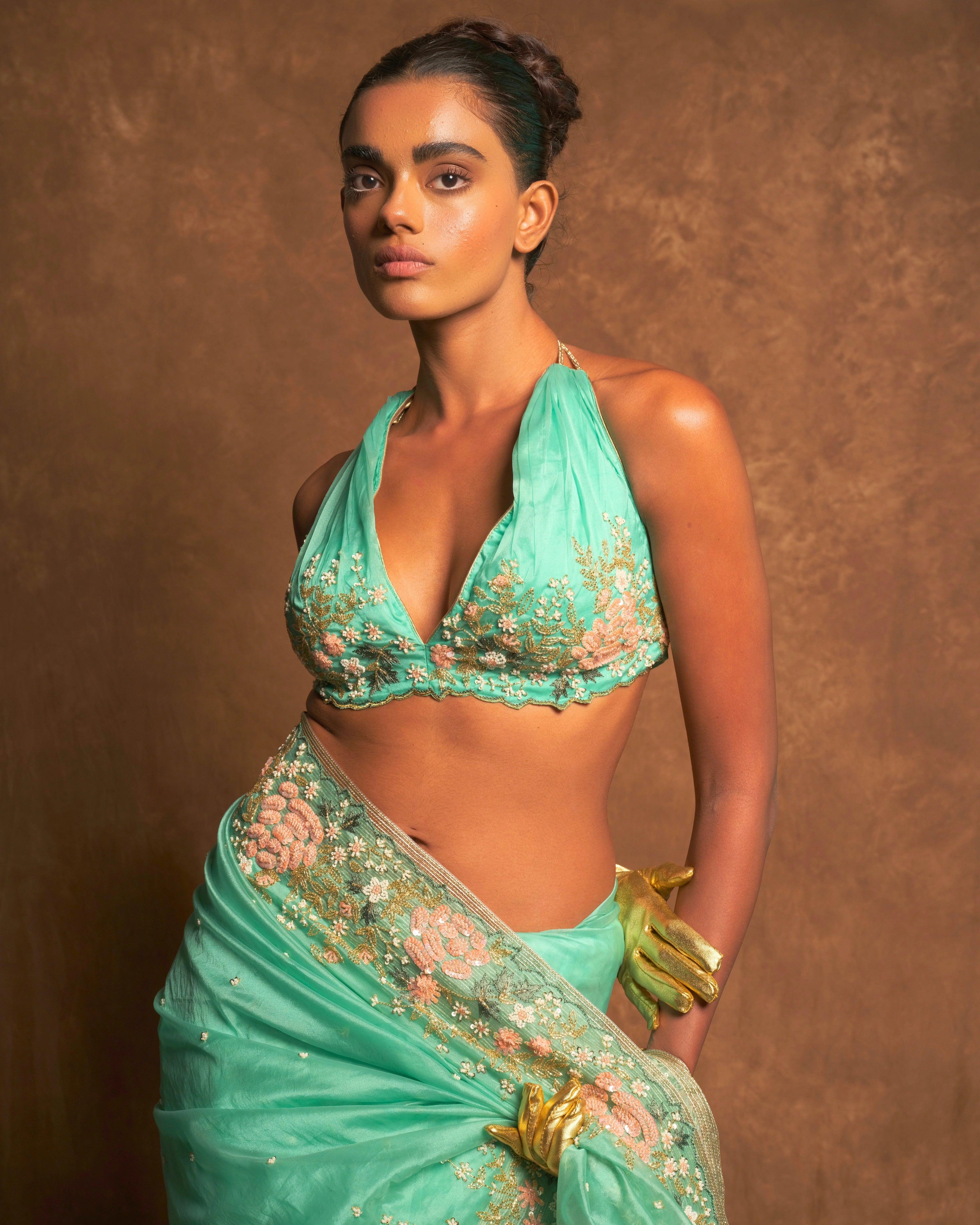 Sky Blue Silk Organza Zardozi Sequins Saree with Bead Handwork and Matching Floral Blouse
