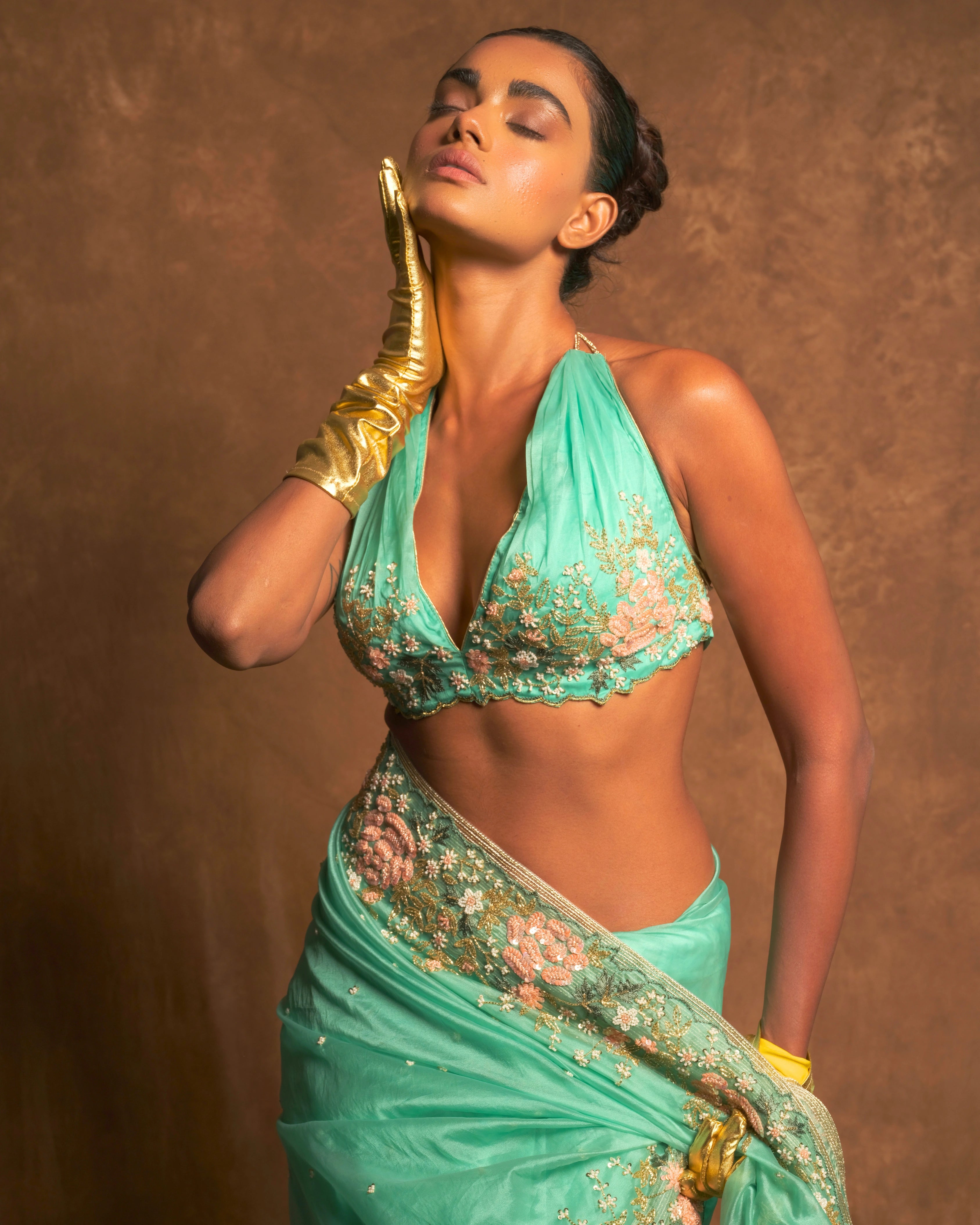 Sky Blue Silk Organza Zardozi Sequins Saree with Bead Handwork and Matching Floral Blouse