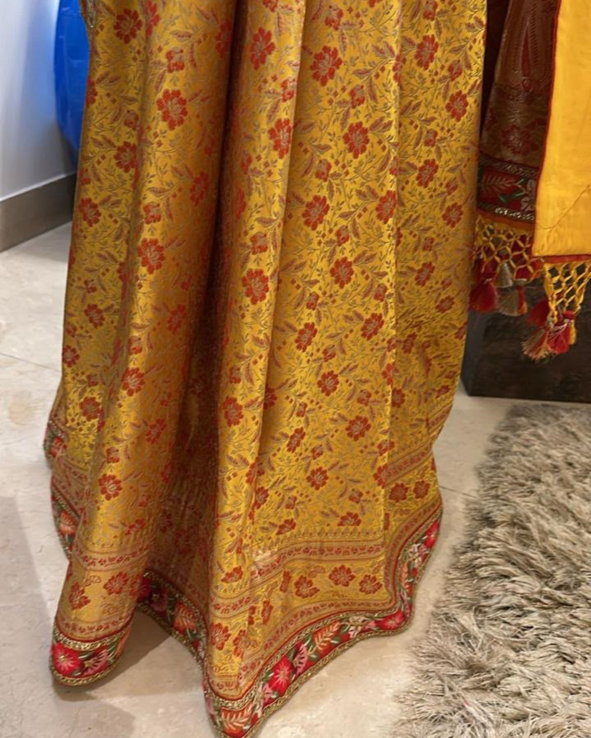Mustard Yellow Orange Floral Banarasi Silk Saree with Matching Blouse