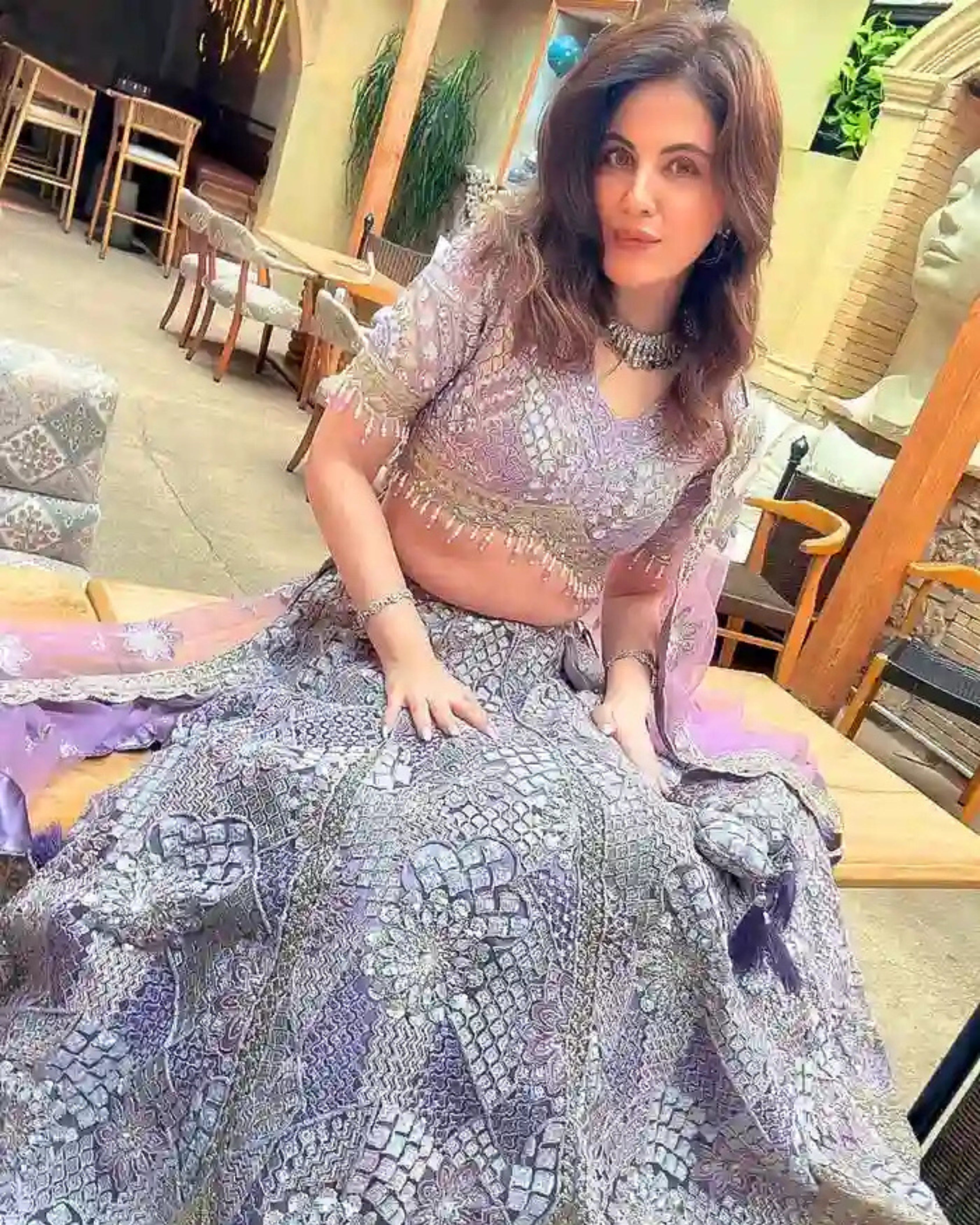 Lavender Silk Lehenga with Floral Embroidery Mirror Stonework and Gold Zari Border Work