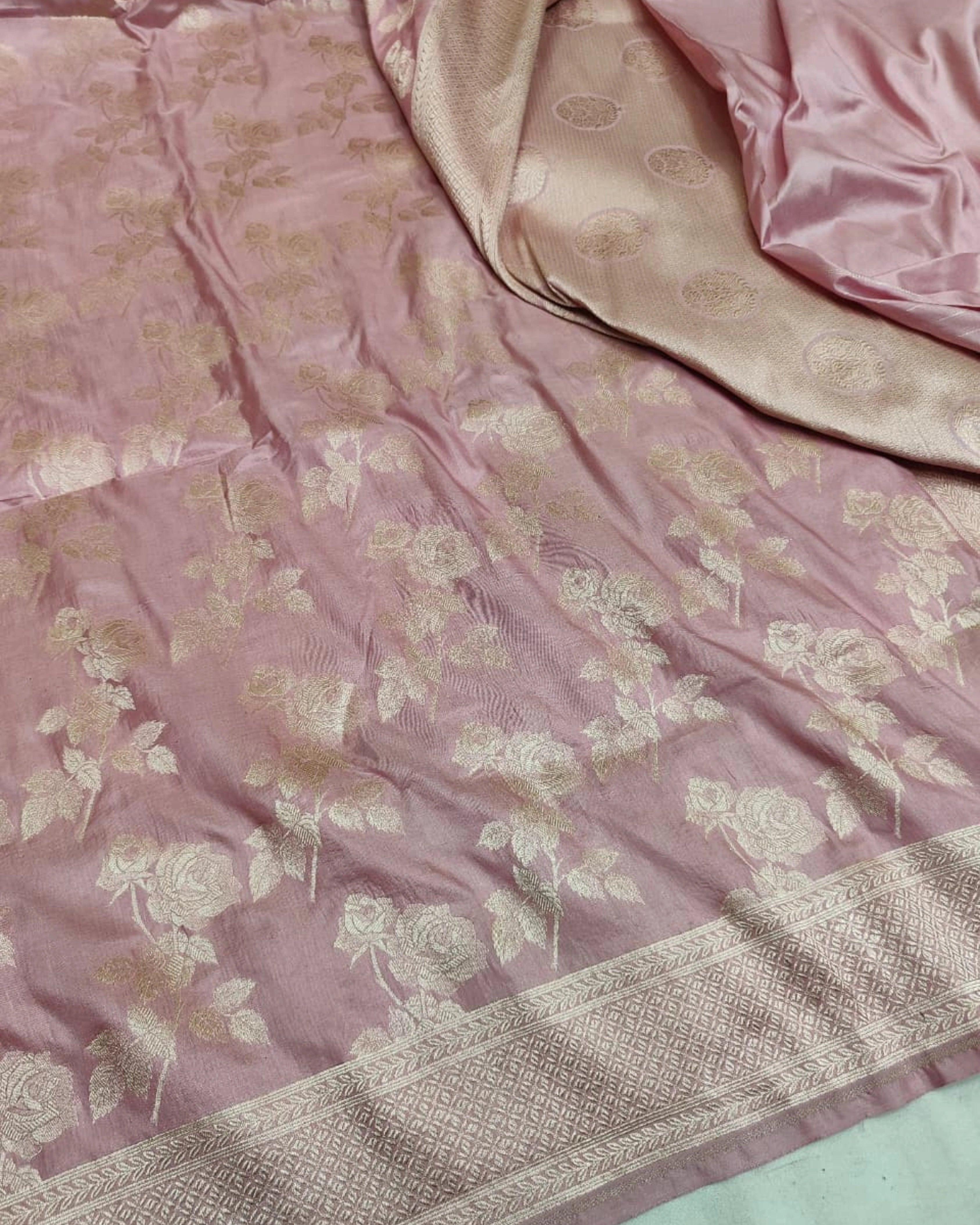 Pink Pure Banarasi Silk Saree with All-Over Gold Zari Floral Design and Matching Blouse