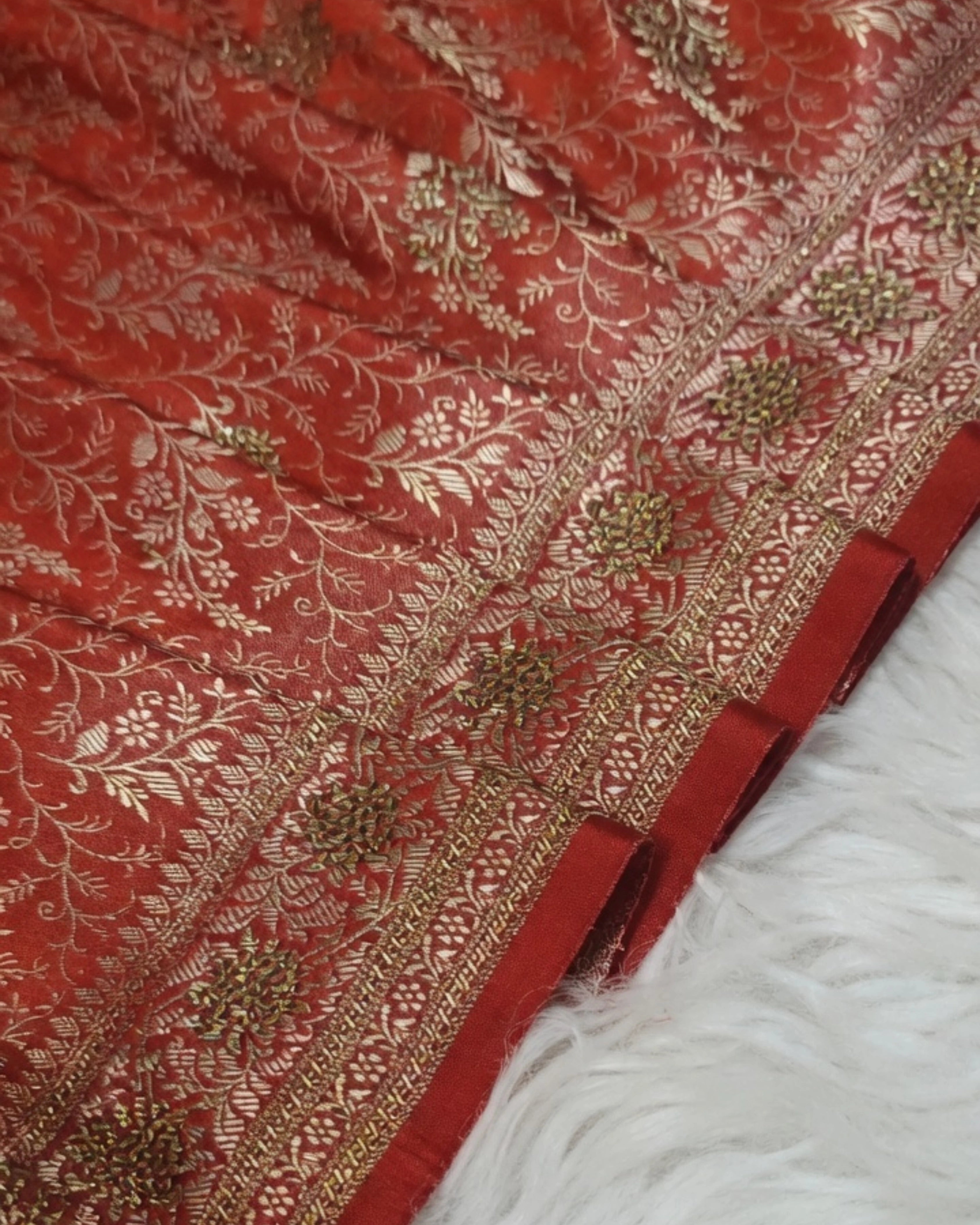 Orange Banarasi Silk Saree with All-Over Gold Zari Floral Design and Matching Blouse