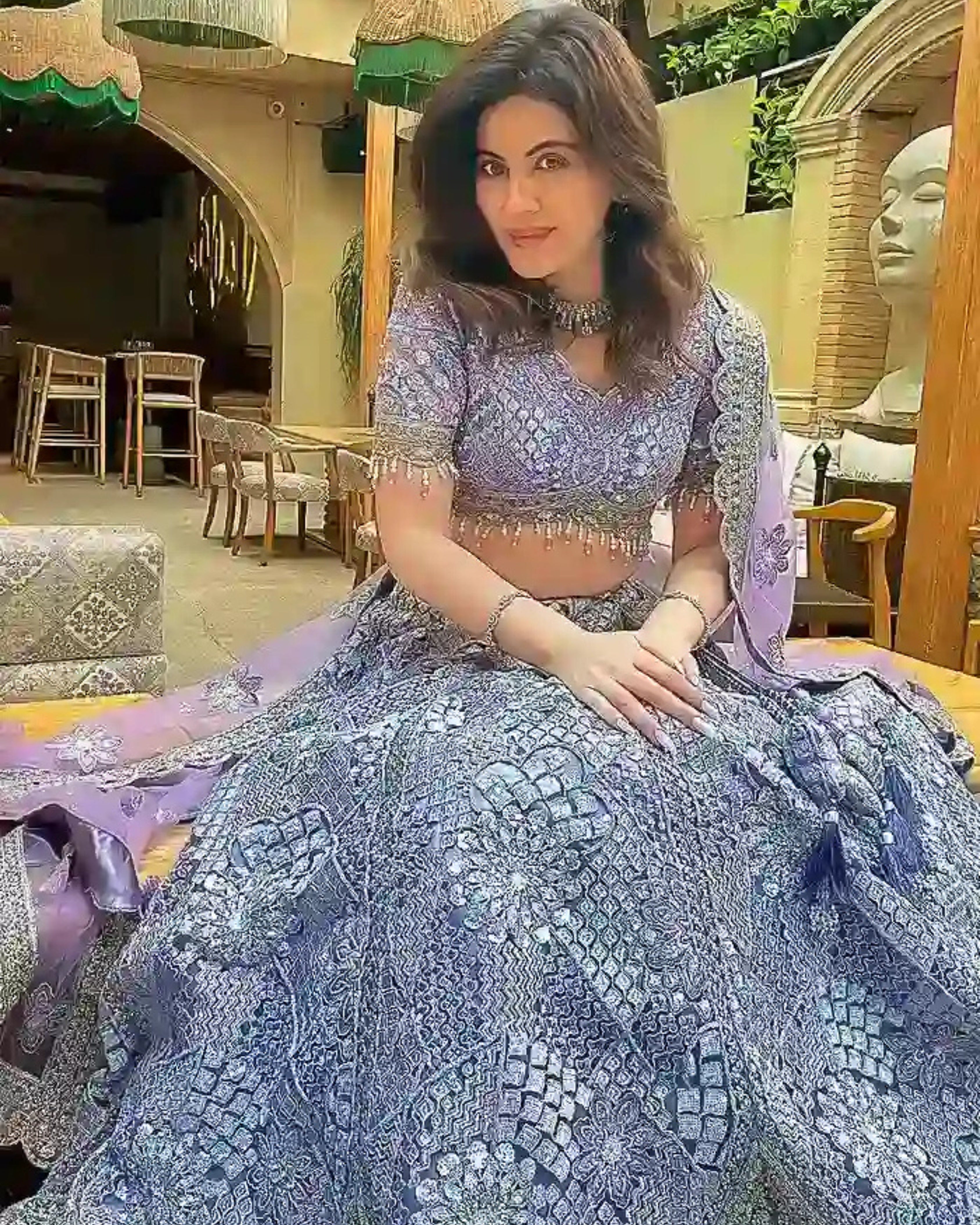 Lavender Silk Lehenga with Floral Embroidery Mirror Stonework and Gold Zari Border Work