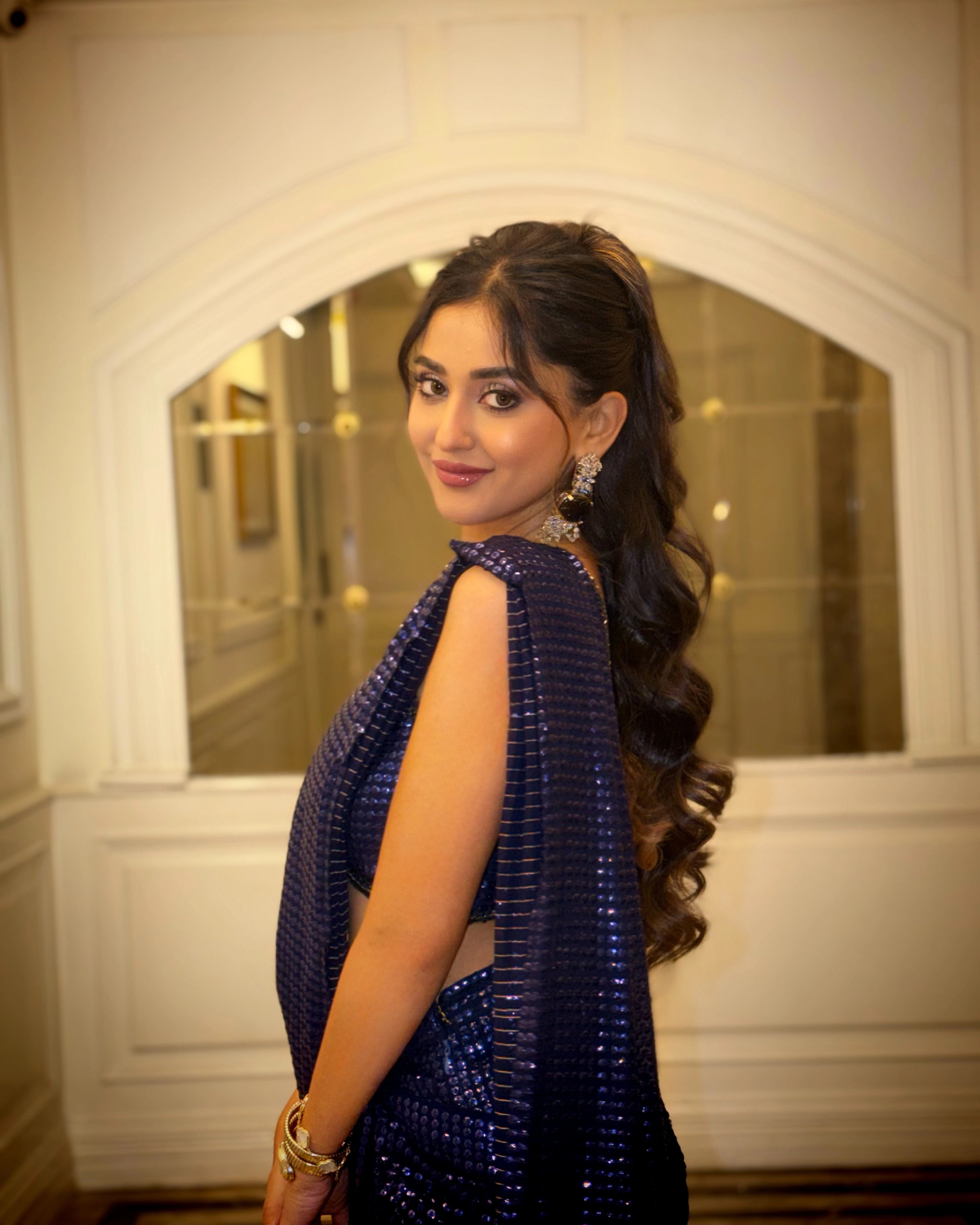 Navy Blue Georgette Saree with All Over Shimmer Sequin Work and Matching Sequin Blouse