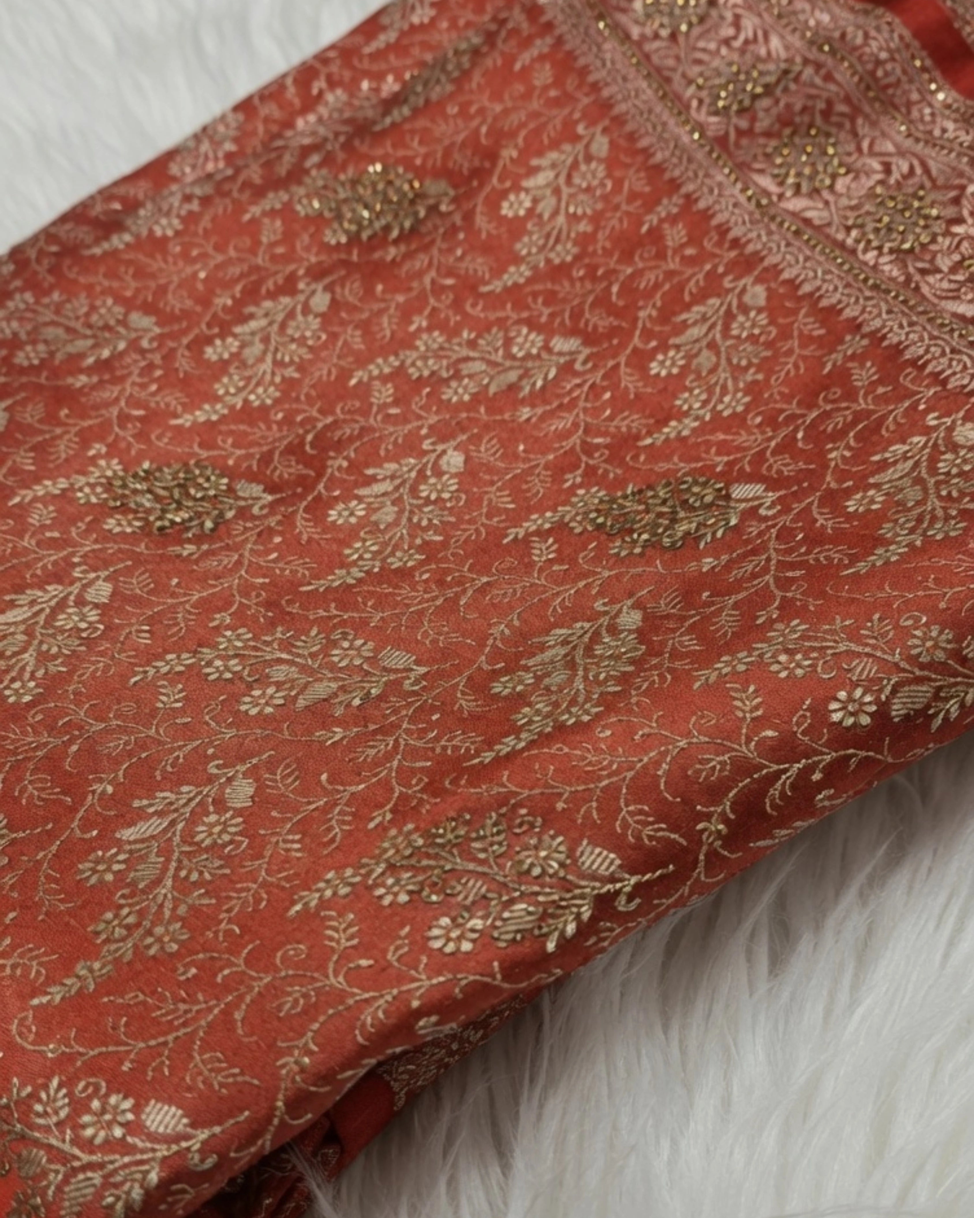 Orange Banarasi Silk Saree with All-Over Gold Zari Floral Design and Matching Blouse