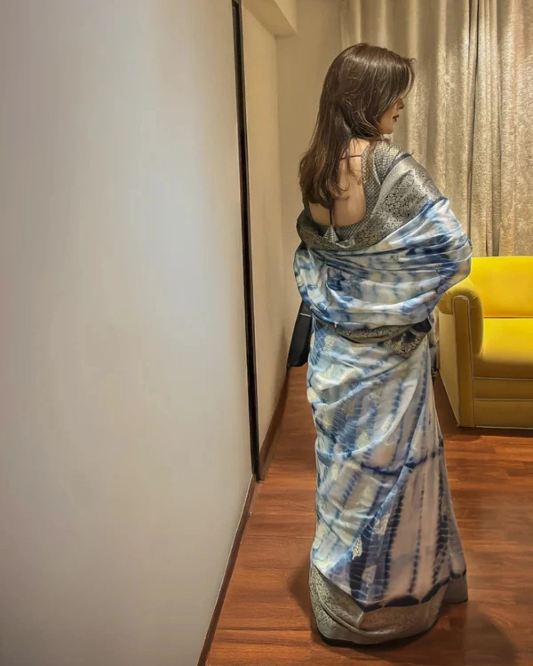 Blue and White Dupion Silk Tie Dye Pure Banarasi Silk Saree with Pink and Gold Zari Work Blouse