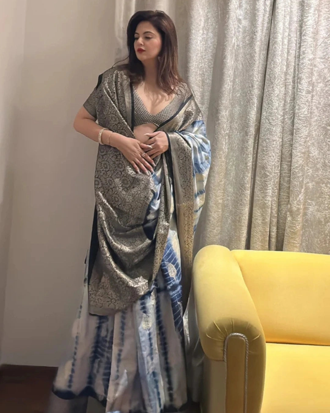 Blue and White Dupion Silk Tie Dye Pure Banarasi Silk Saree with Pink and Gold Zari Work Blouse