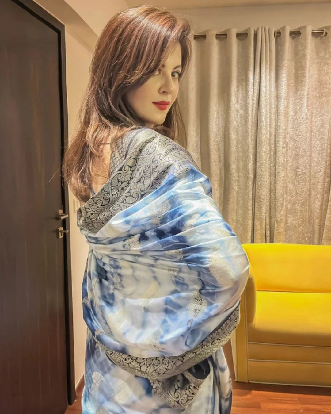 Blue and White Dupion Silk Tie Dye Pure Banarasi Silk Saree with Pink and Gold Zari Work Blouse