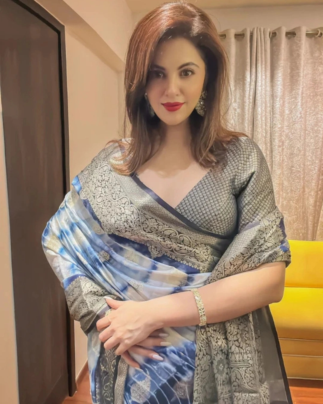 Blue and White Dupion Silk Tie Dye Pure Banarasi Silk Saree with Pink and Gold Zari Work Blouse