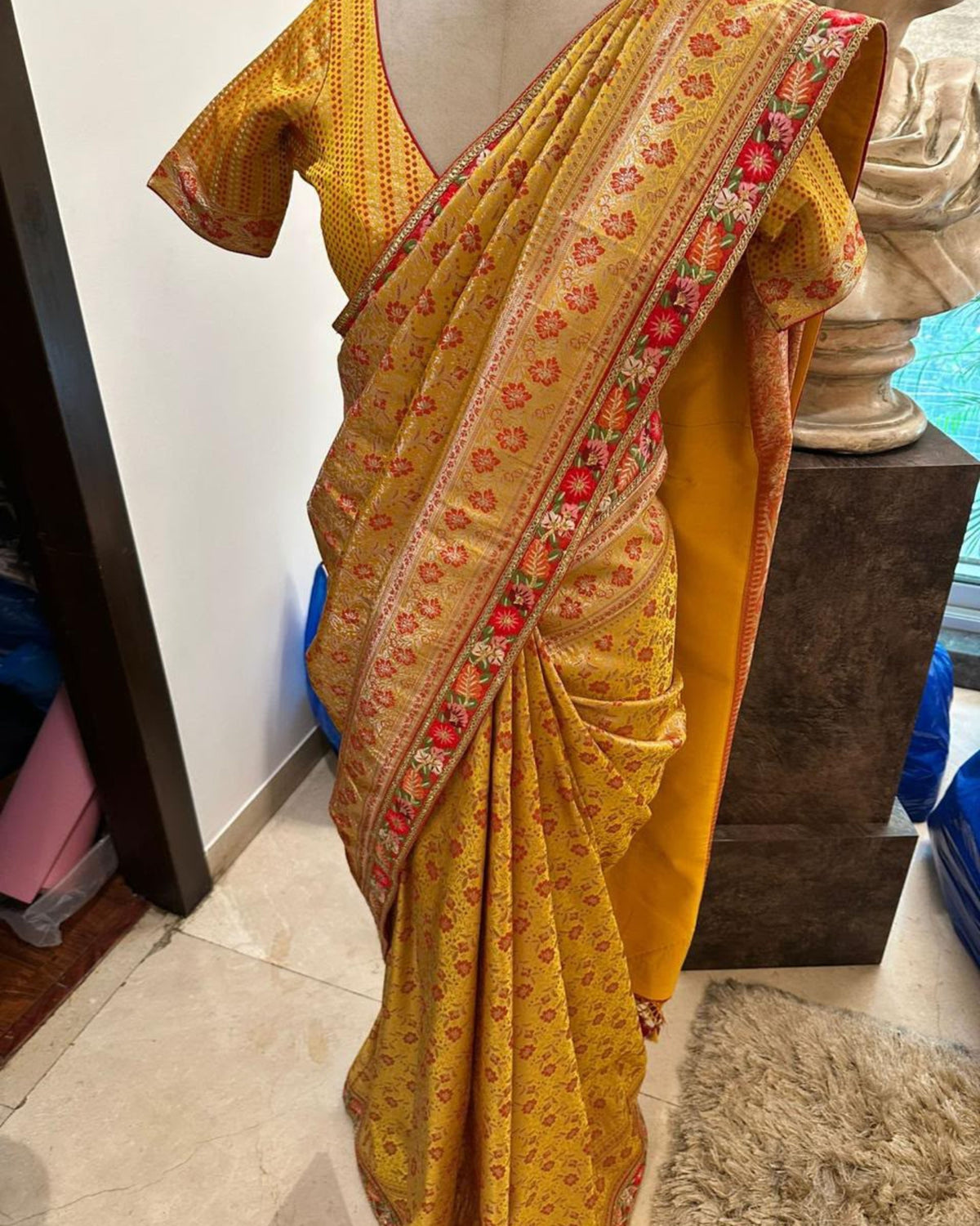 Mustard Yellow Orange Floral Banarasi Silk Saree with Matching Blouse