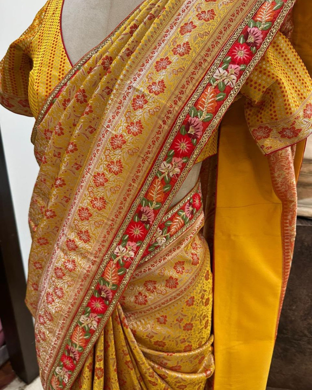 Mustard Yellow Orange Floral Banarasi Silk Saree with Matching Blouse