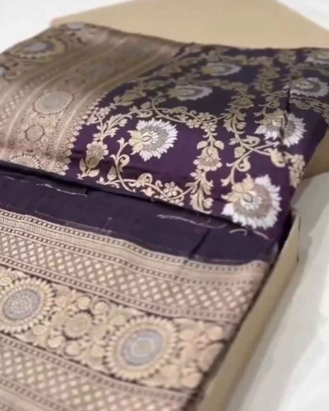 Blue Pure Banarasi Silk Saree with Gold Floral Design and Matching Blouse.