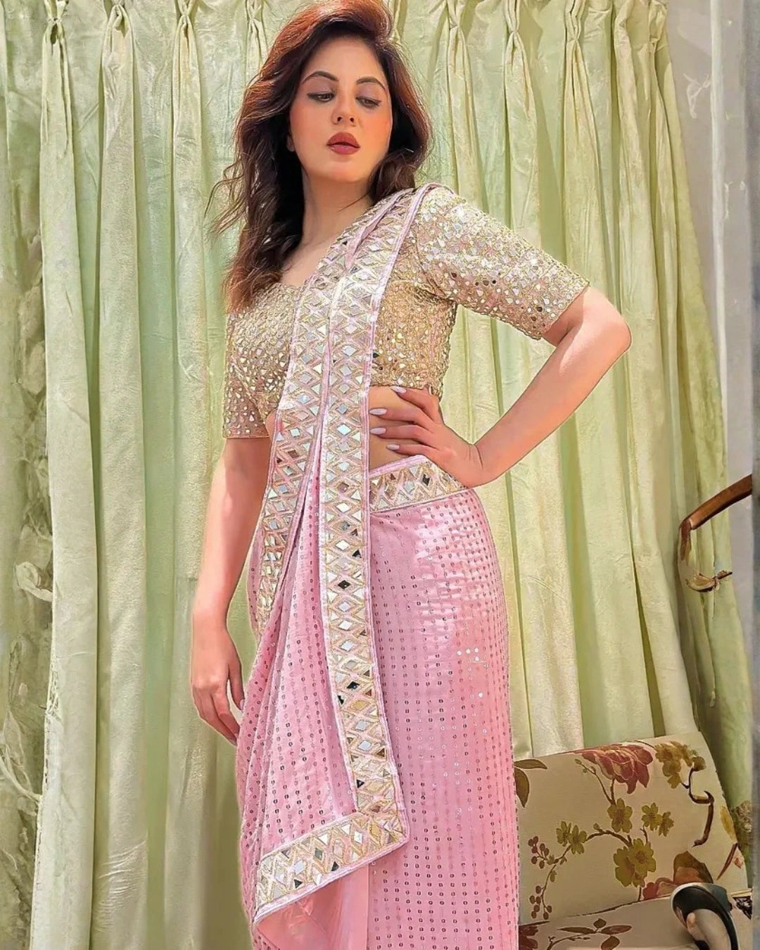 Pink Sequin Georgette Saree with Mirror Embroidery Work and Matching Mirror Sequin Blouse