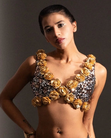 Black Asymmetric Silver Shimmering Sequin Skirt with Gold and Silver Rose-Embellished Sequin Bralette
