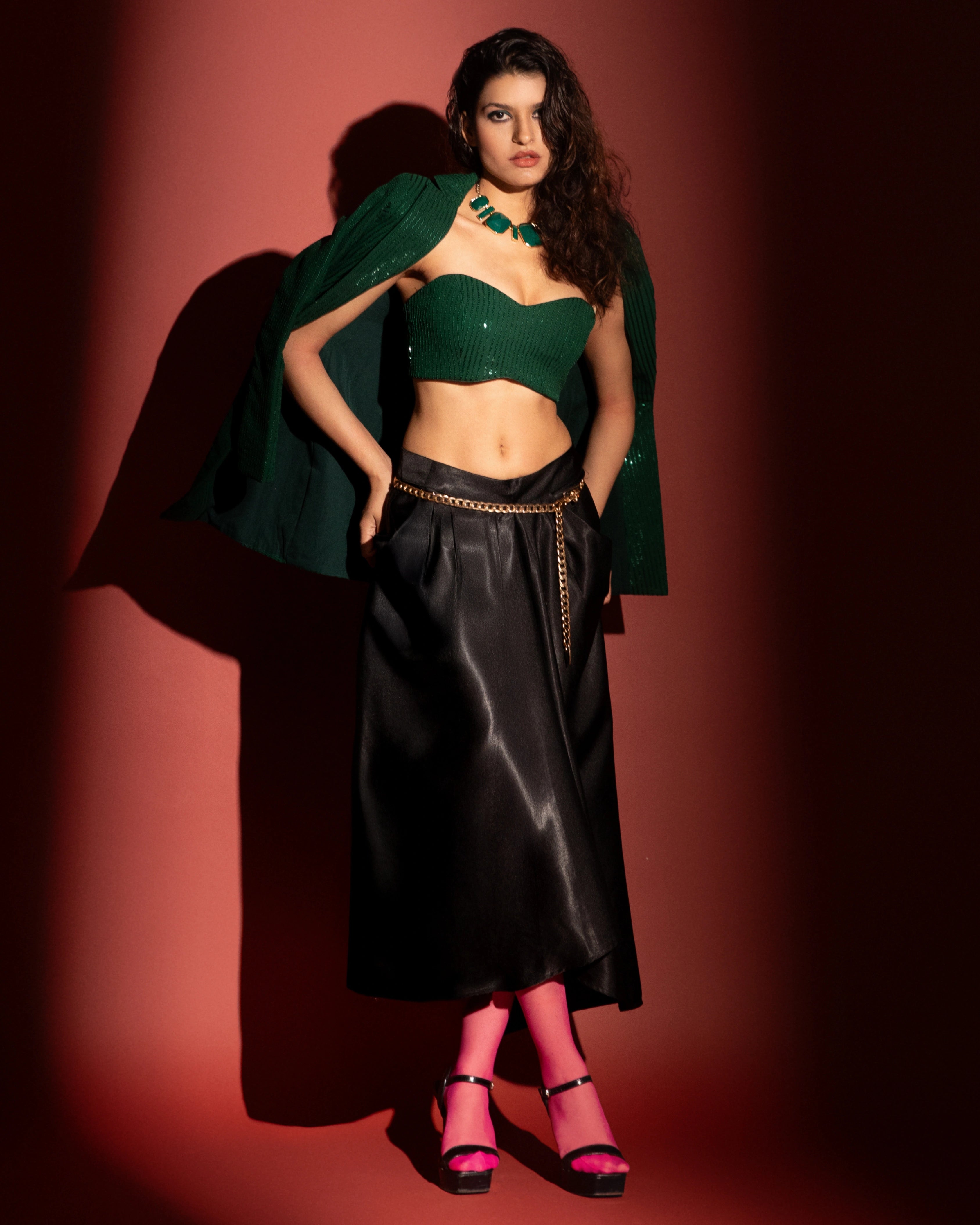 Emerald Green Georgette Sequin Jacket with Bandeau Top and Black Silk Maxi Skirt