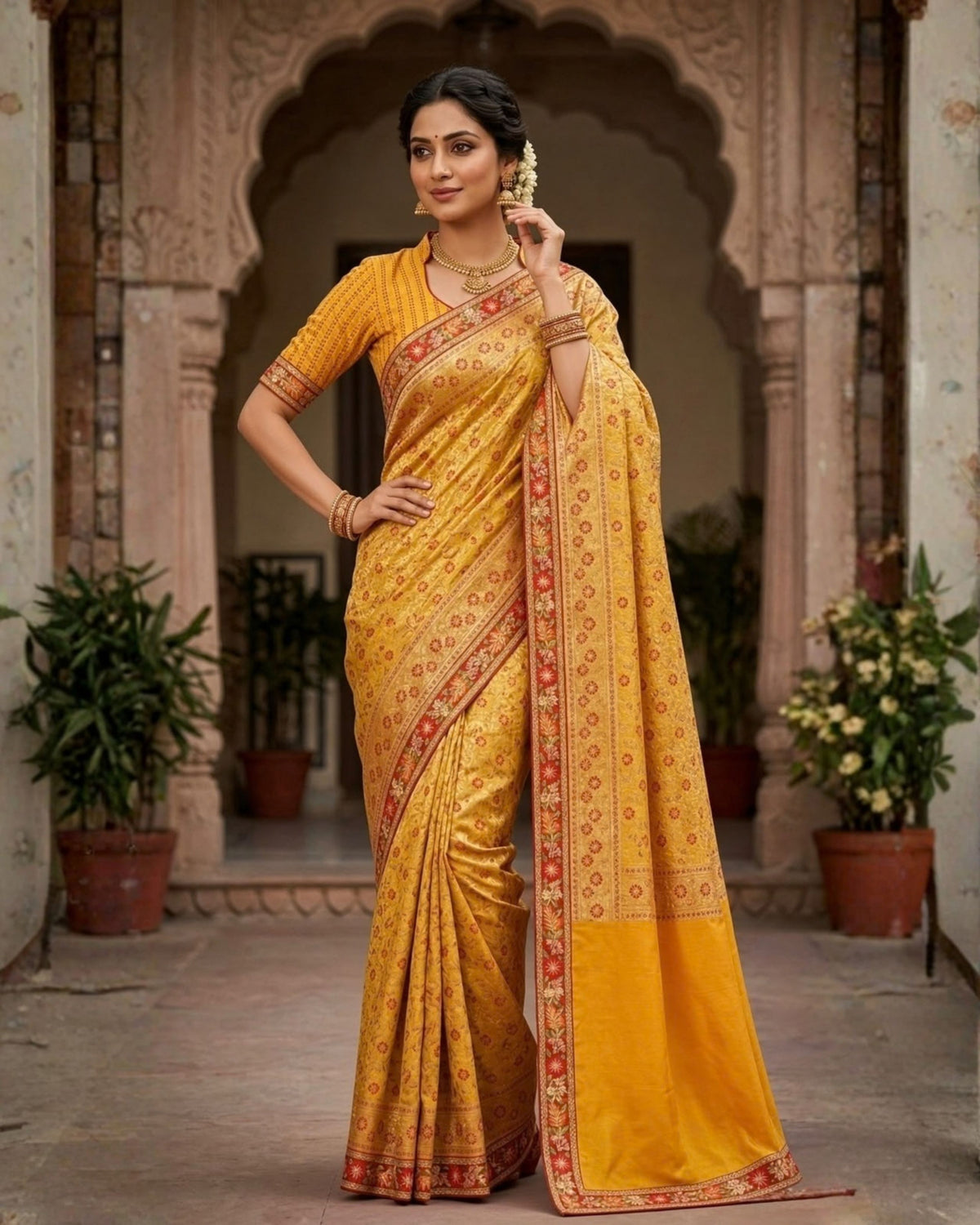Mustard Yellow Orange Floral Banarasi Silk Saree with Matching Blouse