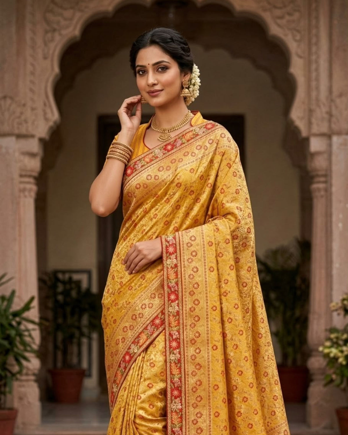 Mustard Yellow Orange Floral Banarasi Silk Saree with Matching Blouse