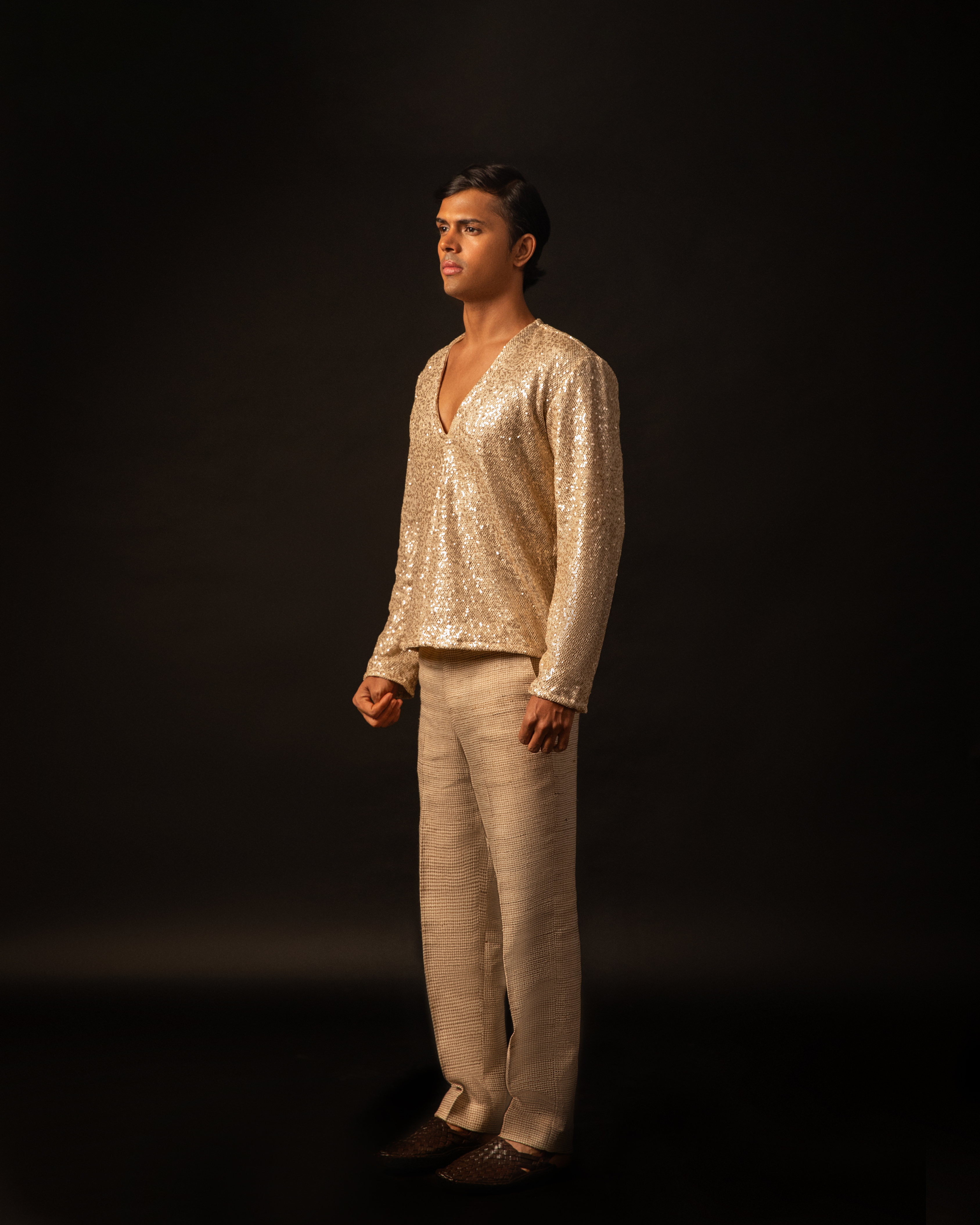 Desert Gold Short Kurta in Mesh with Lining and Cotton-Linen Pants
