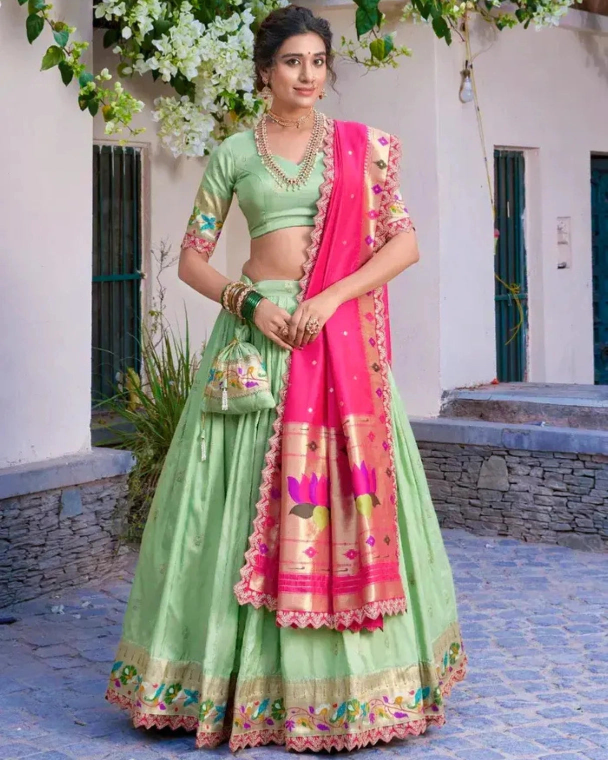 Green Paithani Silk Lehenga Choli with Pink Rich Zari Dupatta and Matching Blouse