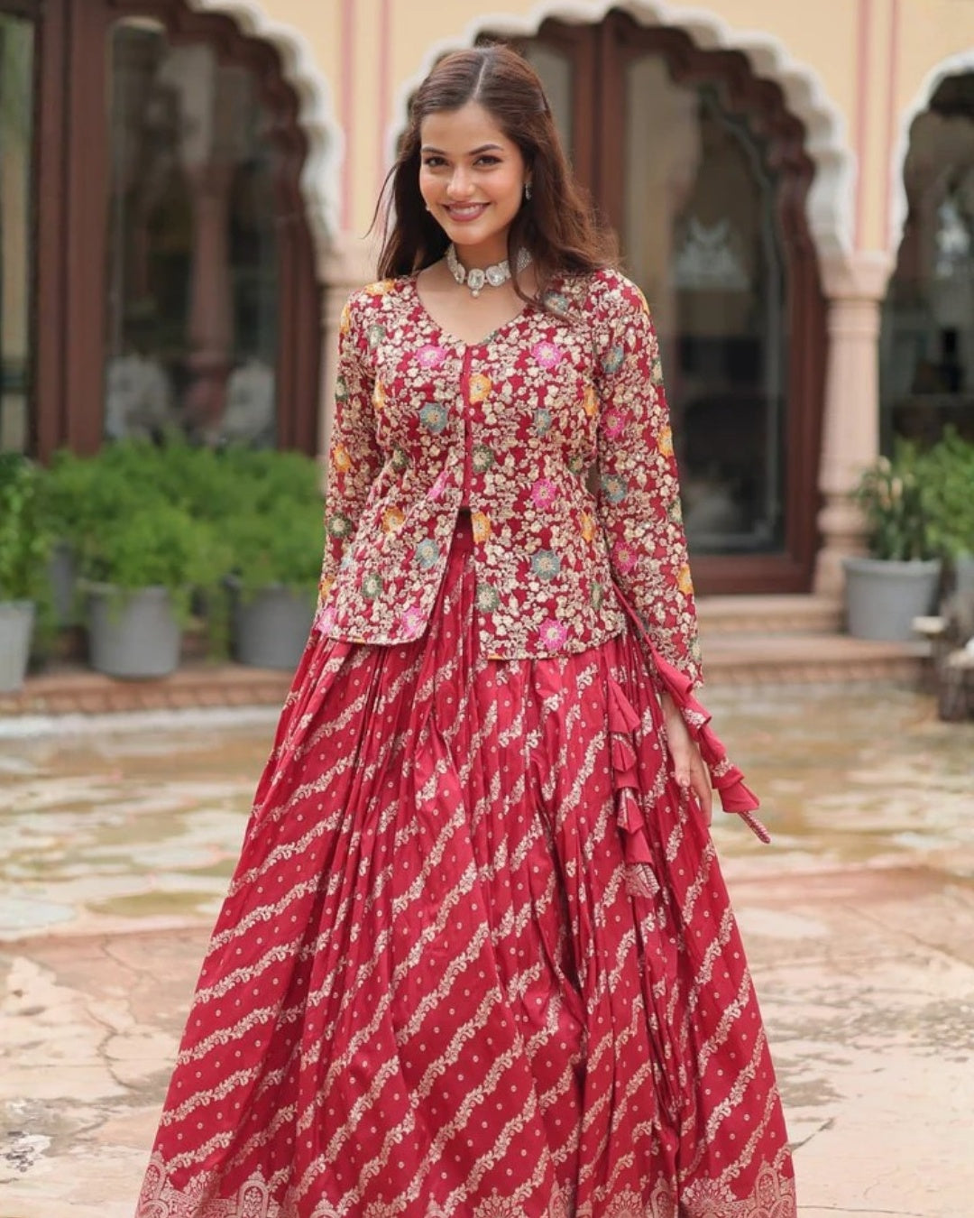 Red Georgette Lehenga with Heavy Thread Embroidery and Floral Design