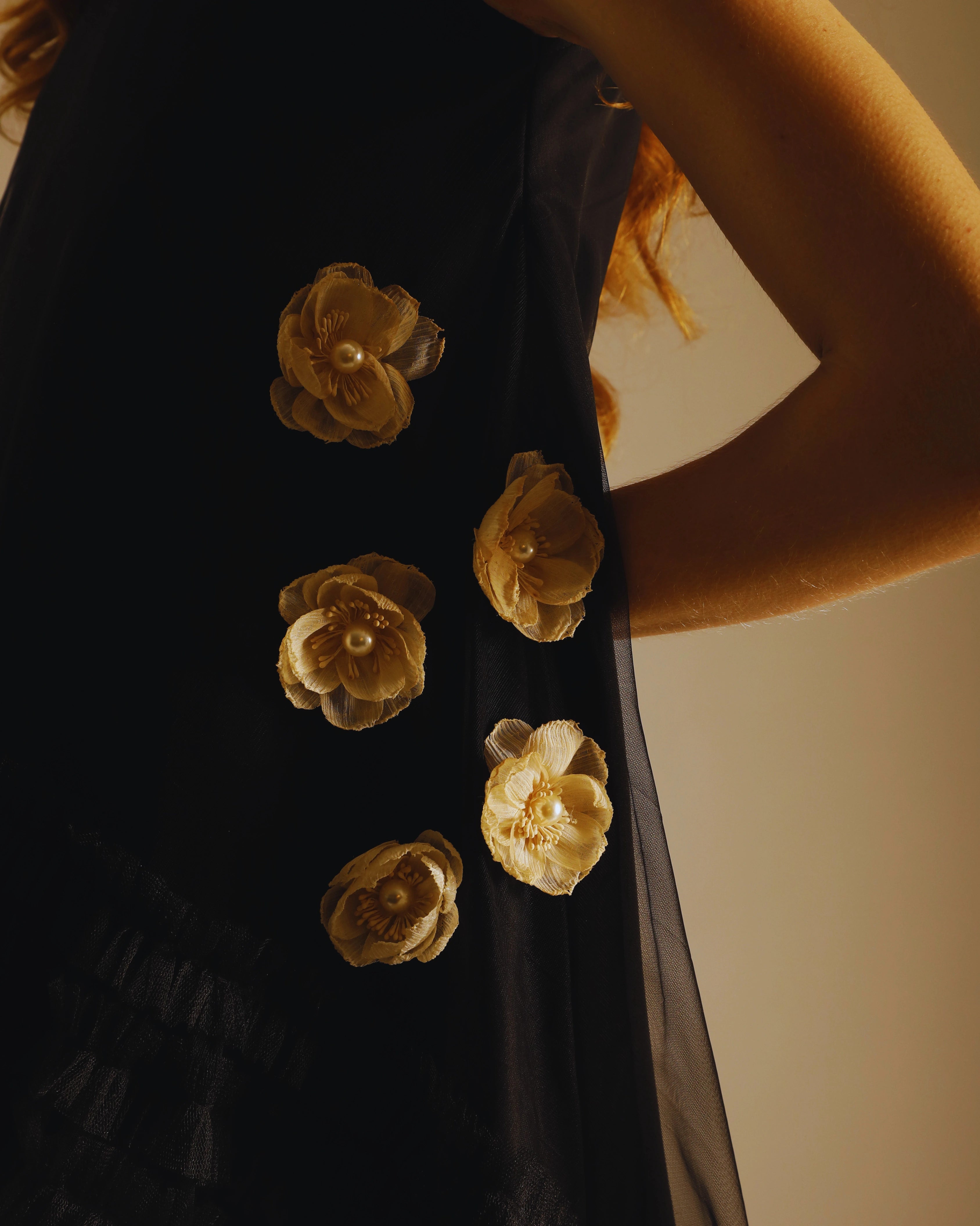 Black Layered Frill Dress with Ivory Pearl Rose Appliques Embroidered