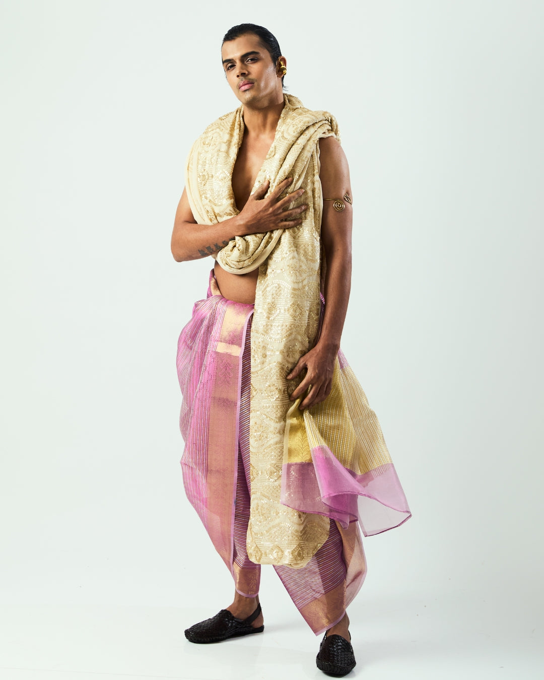 Baby Pink Tissue Draped Dhoti with Gold Border and Ivory Dupatta