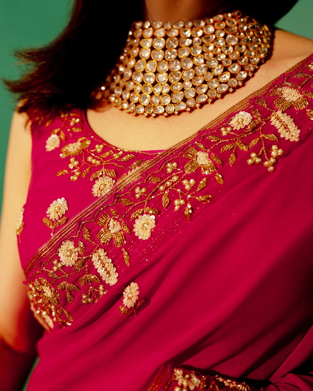 Pink Hand Embroidered Georgette Saree and Matching Floral Embroidered Blouse