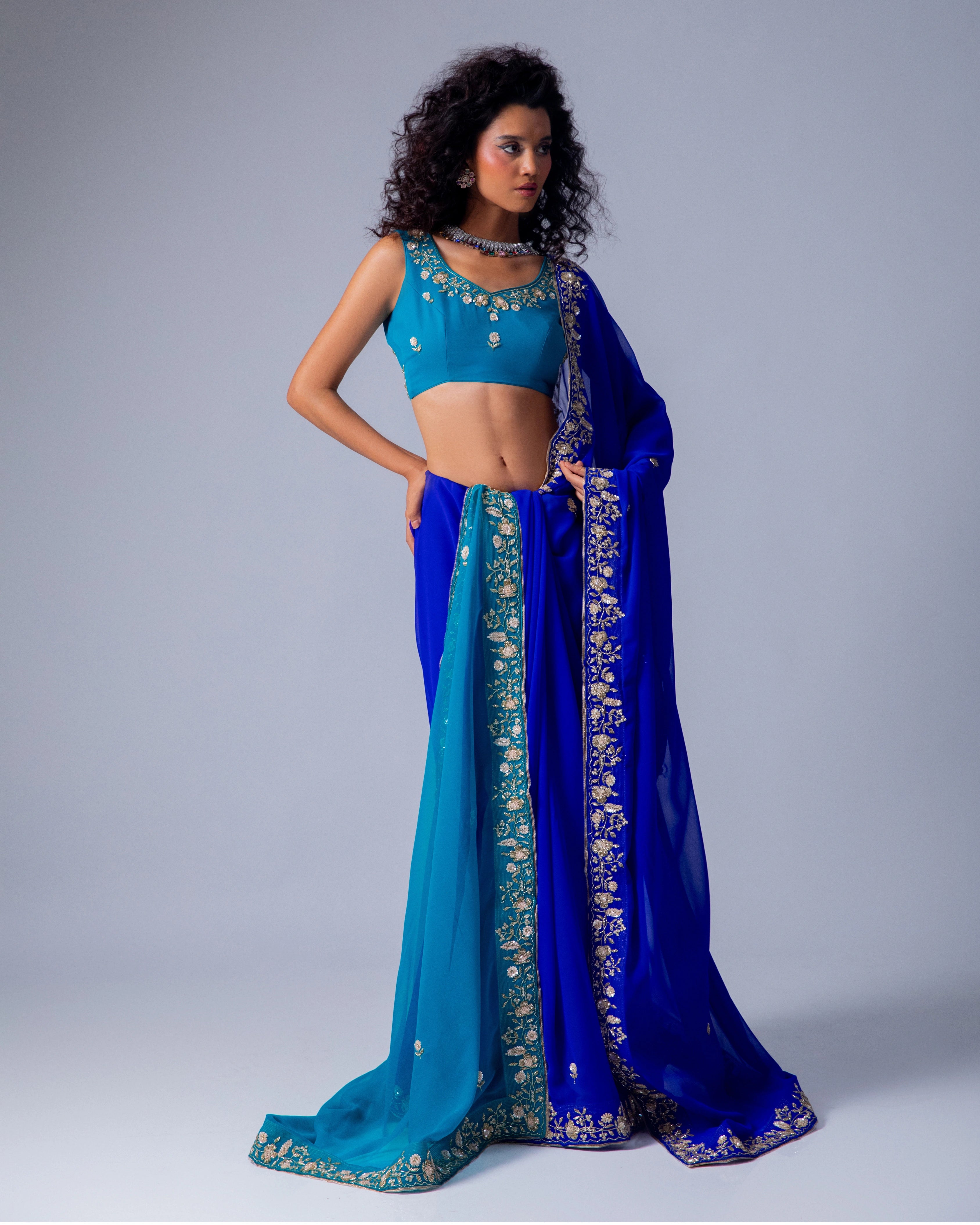 Dark Blue and Bule Dual Tone Hand Embroidered Georgette Saree with Blue Embroidery Blouse