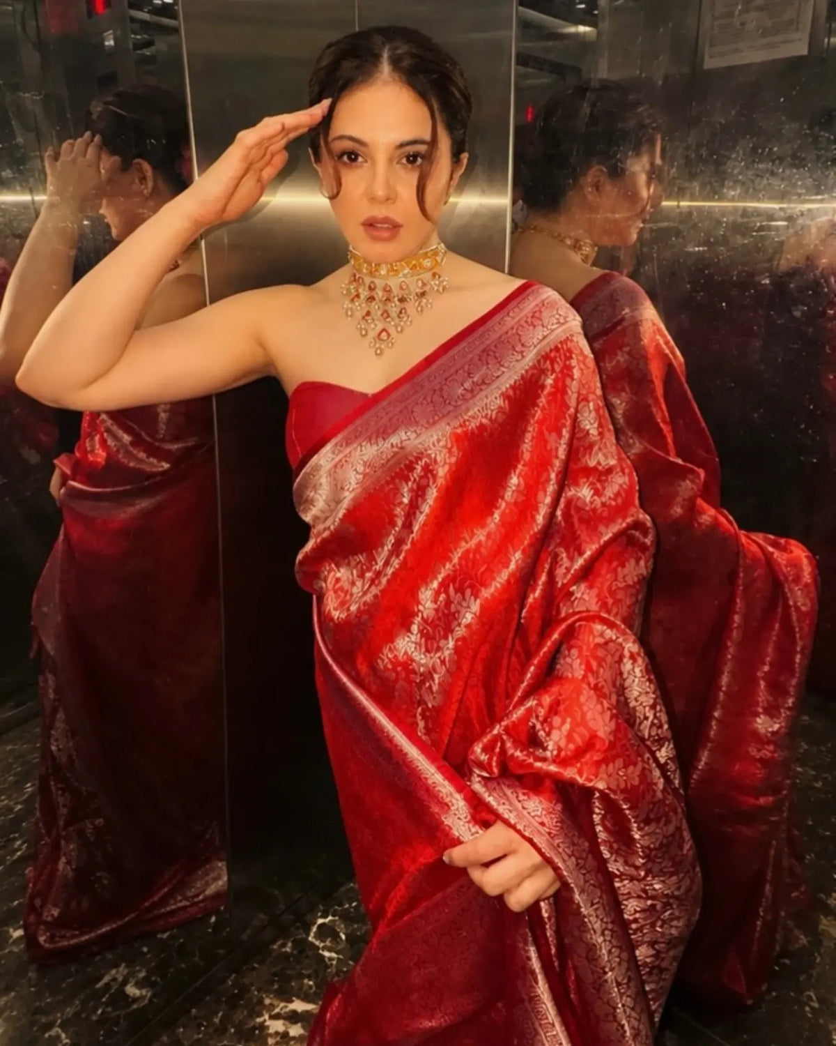 Red Banarasi Silk Saree With All Over Flower Work and Matching Blouse