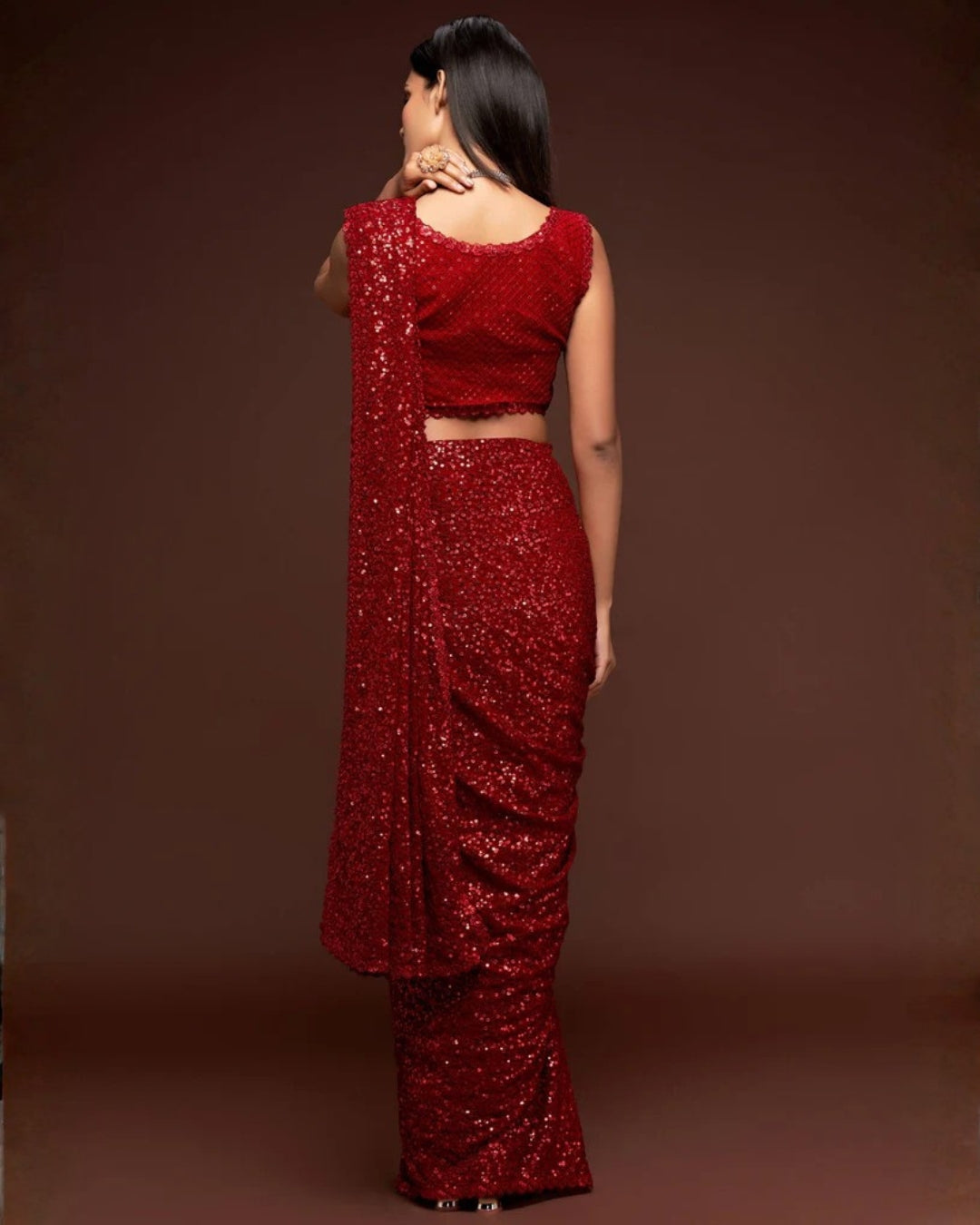 Red Georgette Saree with All Over Shimmer Sequin Work and Matching Sequin Blouse