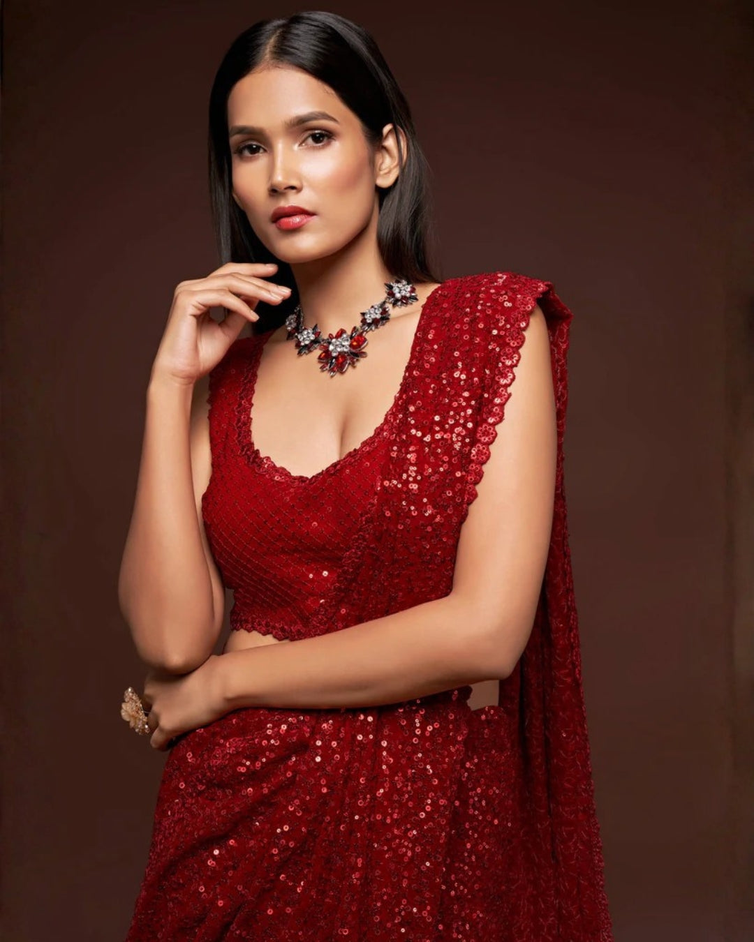 Red Georgette Saree with All Over Shimmer Sequin Work and Matching Sequin Blouse