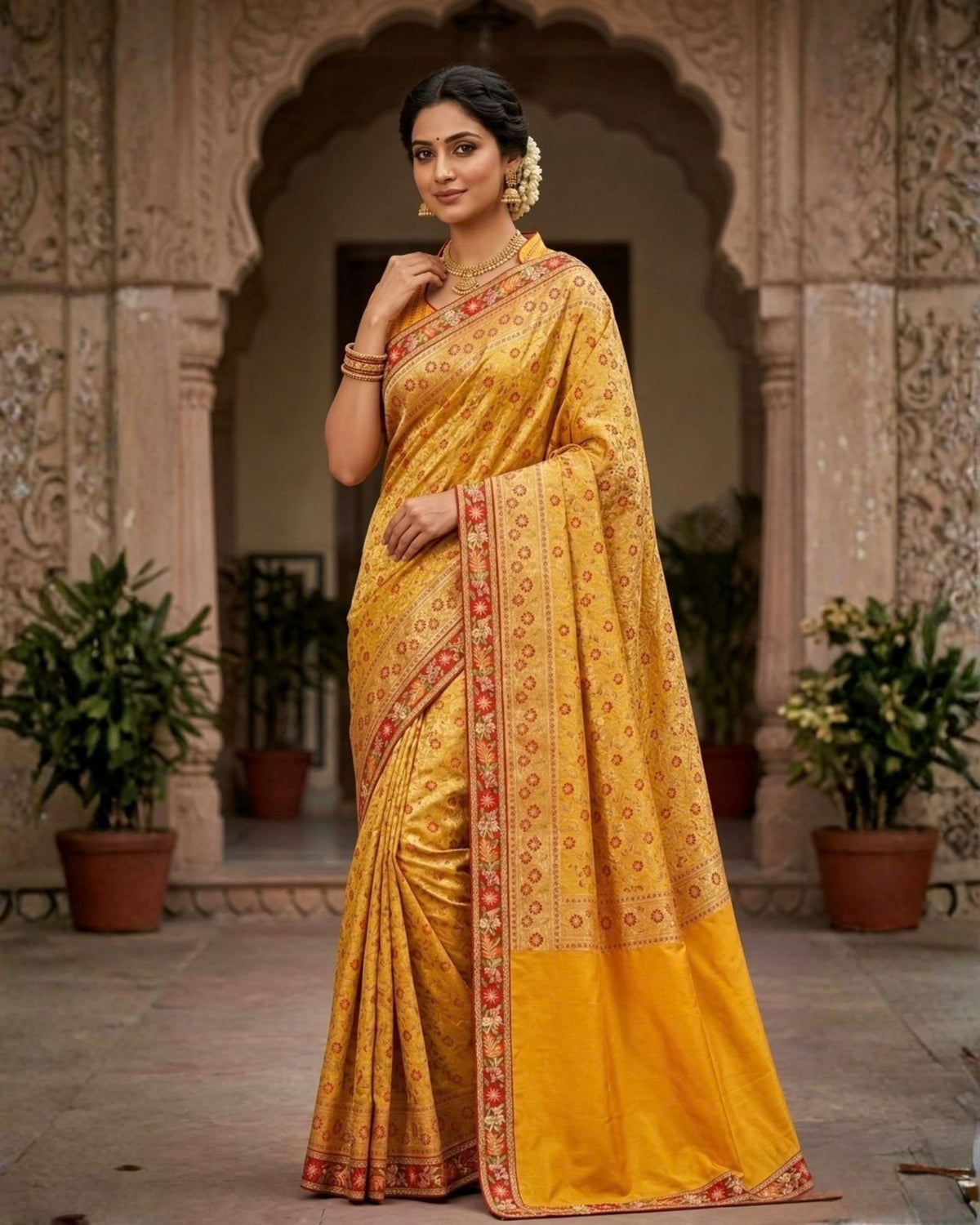 Mustard Yellow Orange Floral Banarasi Silk Saree with Matching Blouse