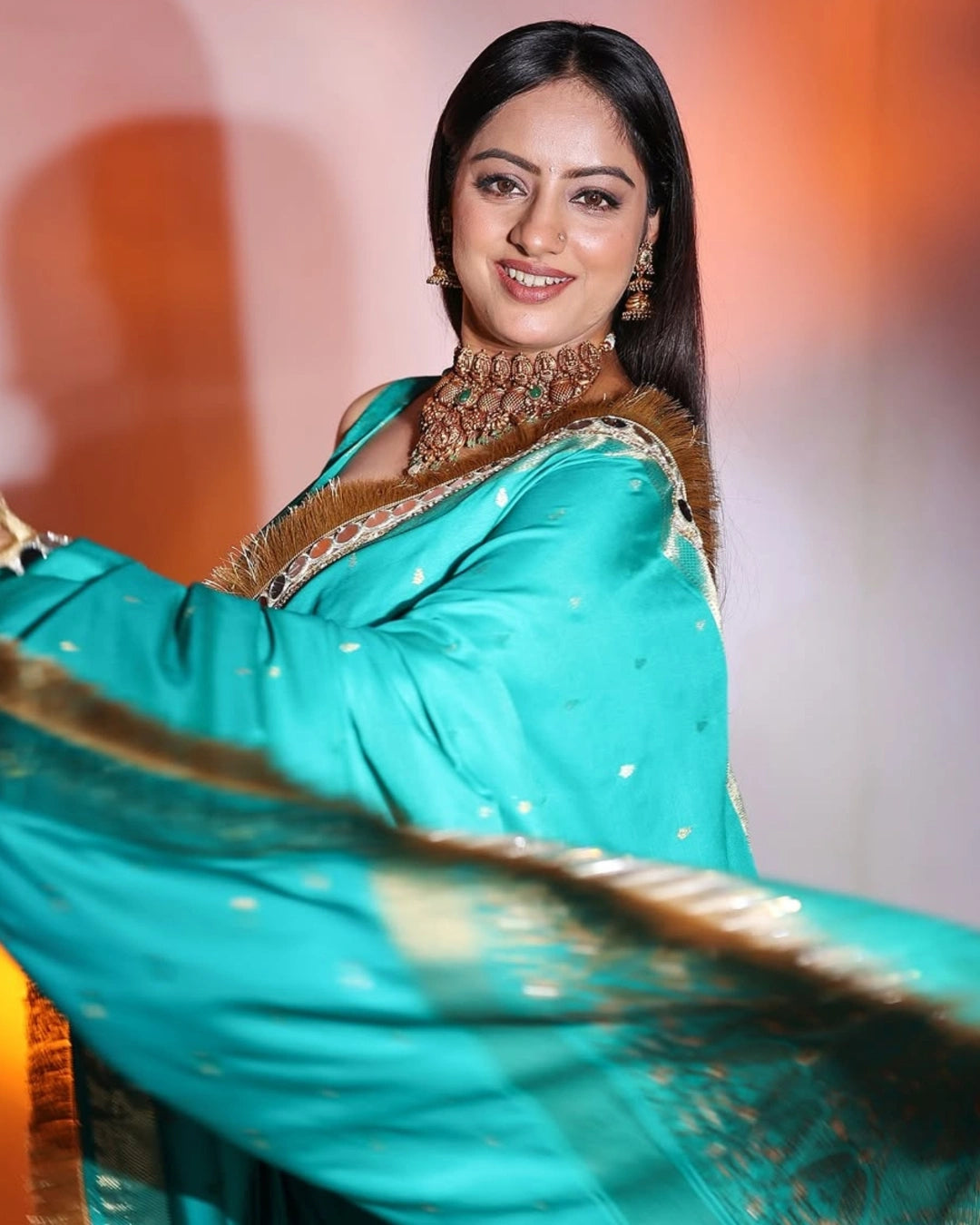 Blue Banarasi Silk Saree with Gold Zari Mirror Work Border and Matching Blouse