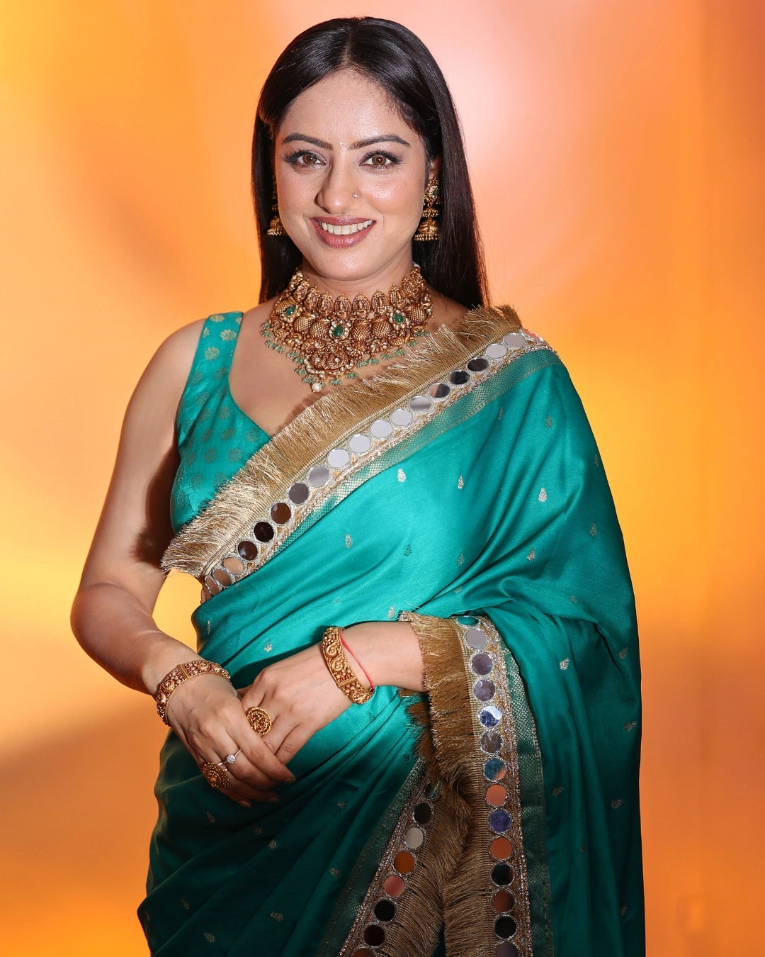 Blue Banarasi Silk Saree with Gold Zari Mirror Work Border and Matching Blouse