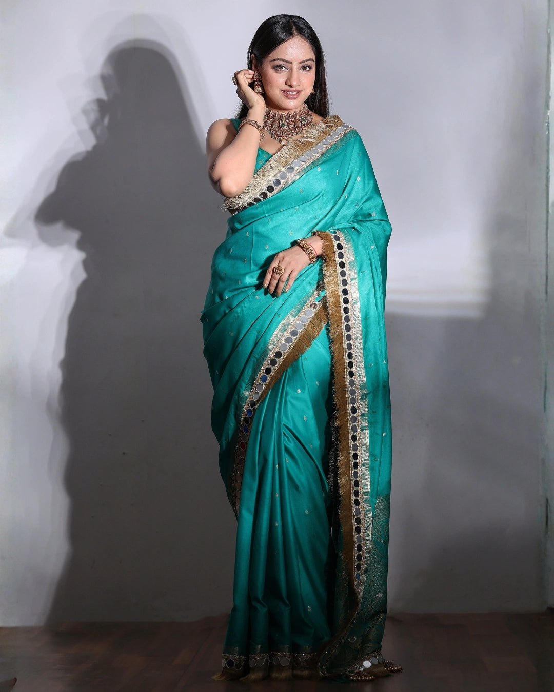 Blue Banarasi Silk Saree with Gold Zari Mirror Work Border and Matching Blouse