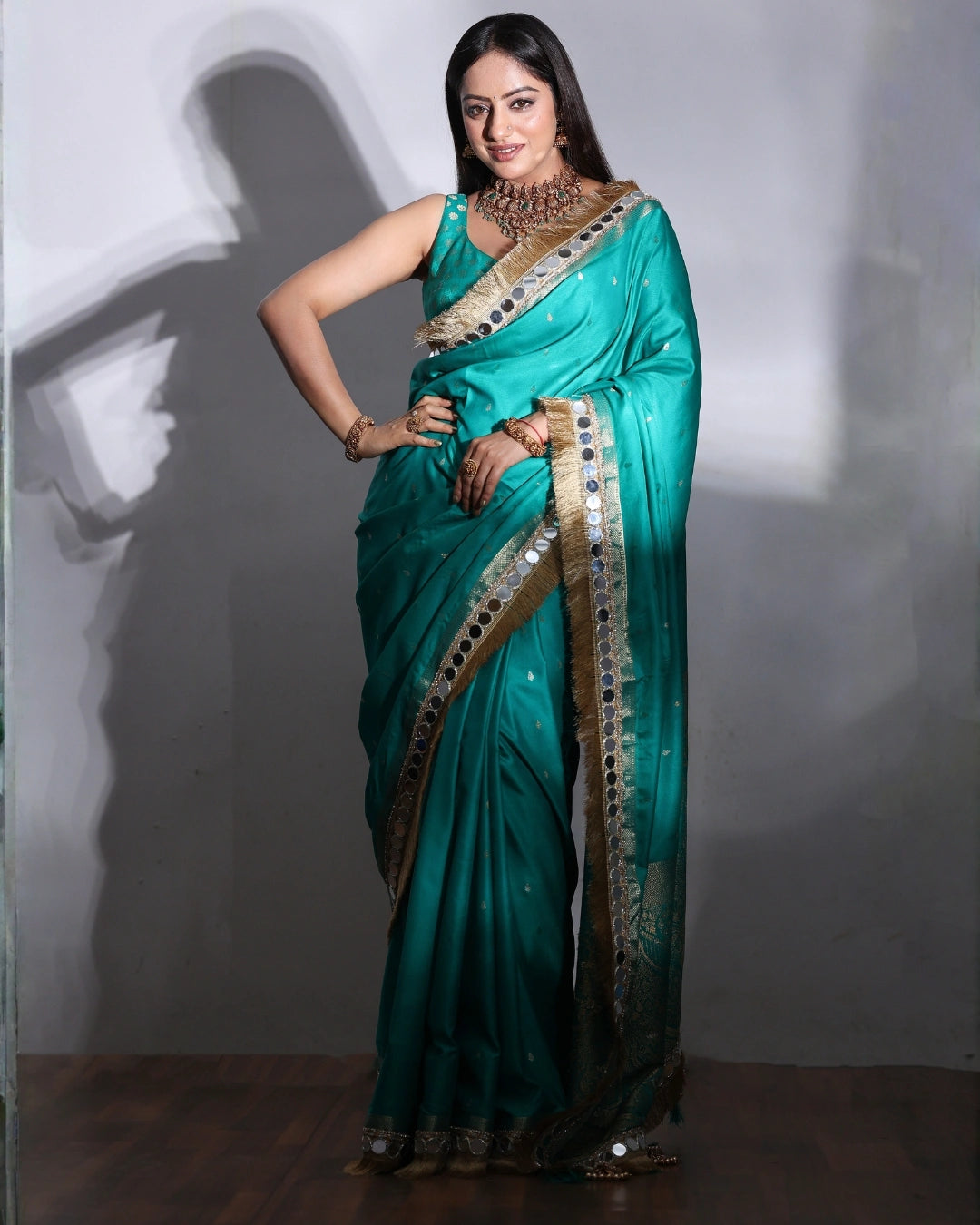 Blue Banarasi Silk Saree with Gold Zari Mirror Work Border and Matching Blouse
