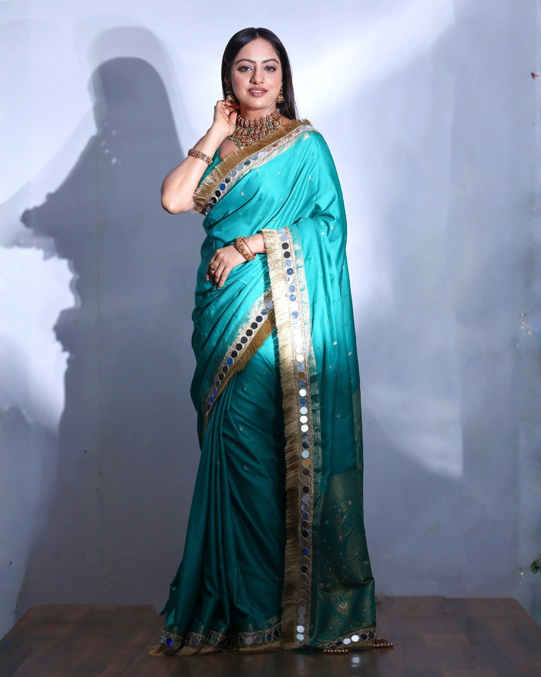 Blue Banarasi Silk Saree with Gold Zari Mirror Work Border and Matching Blouse