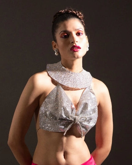 Pink Fuchsia Draped Silk Skirt with Silver Crystal-Embellished Halter Butterfly Blouse