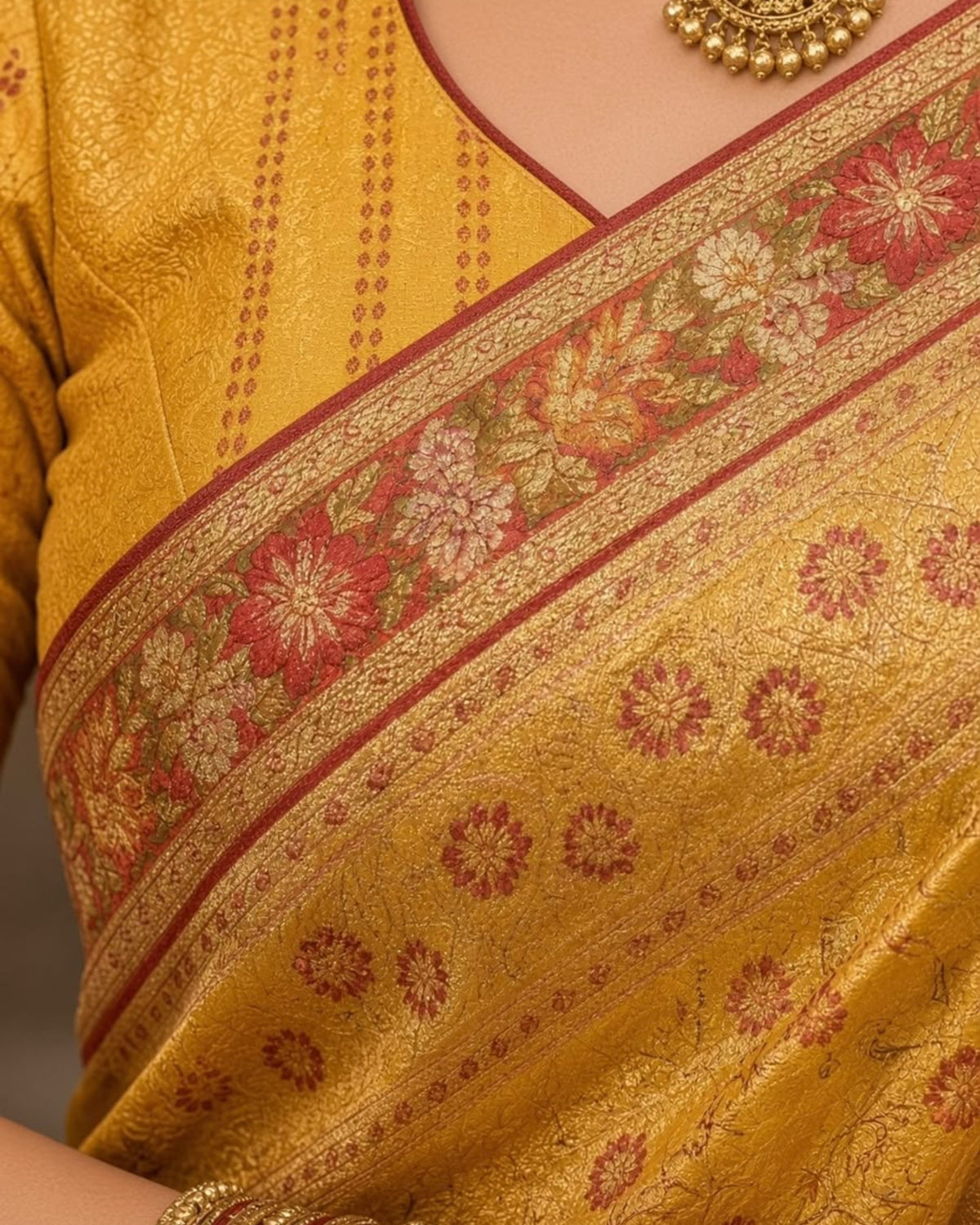 Mustard Yellow Orange Floral Banarasi Silk Saree with Matching Blouse