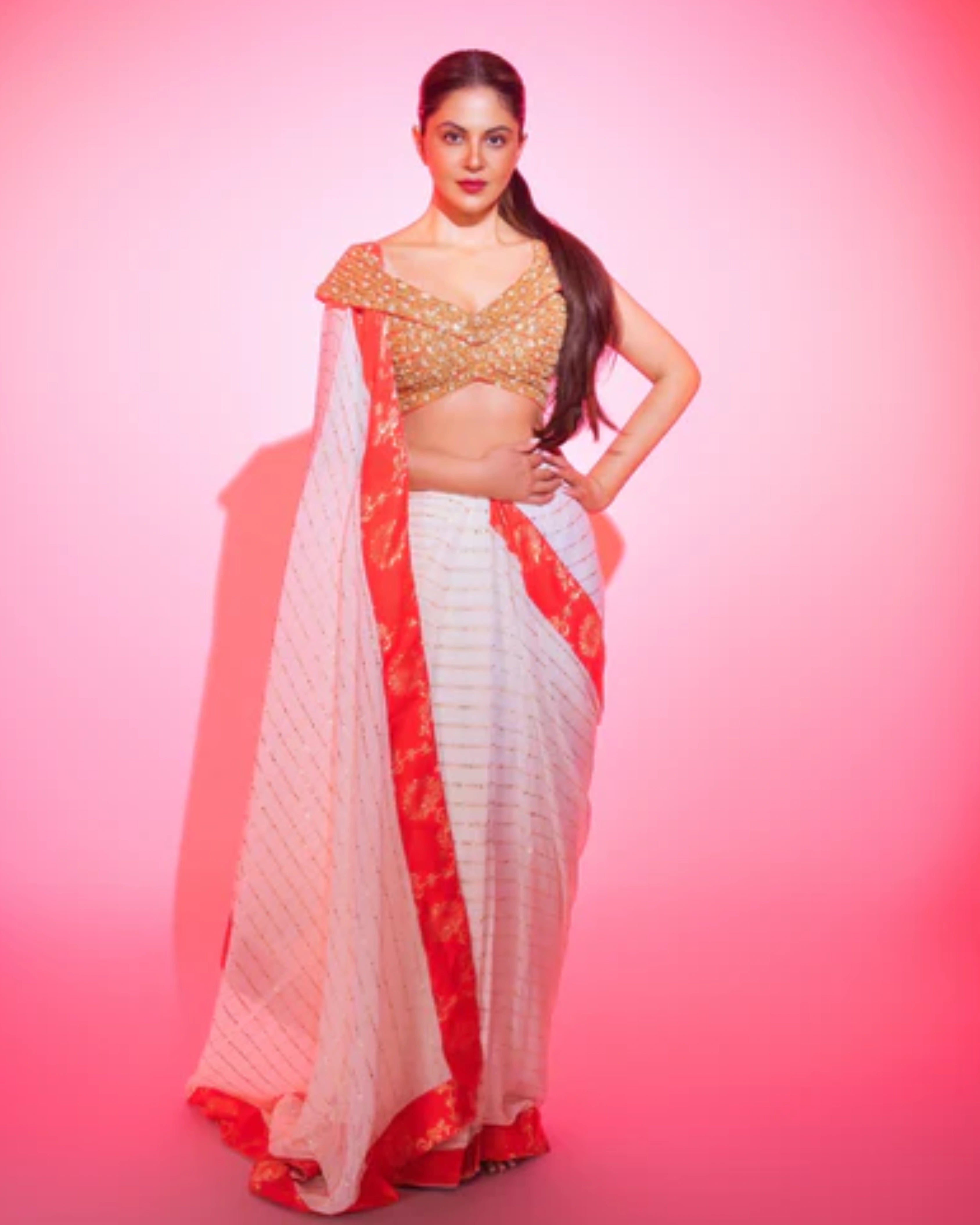 White Georgette Pre-Draped Saree with Red Banarasi Border and Fully Hand Embroidered Blouse