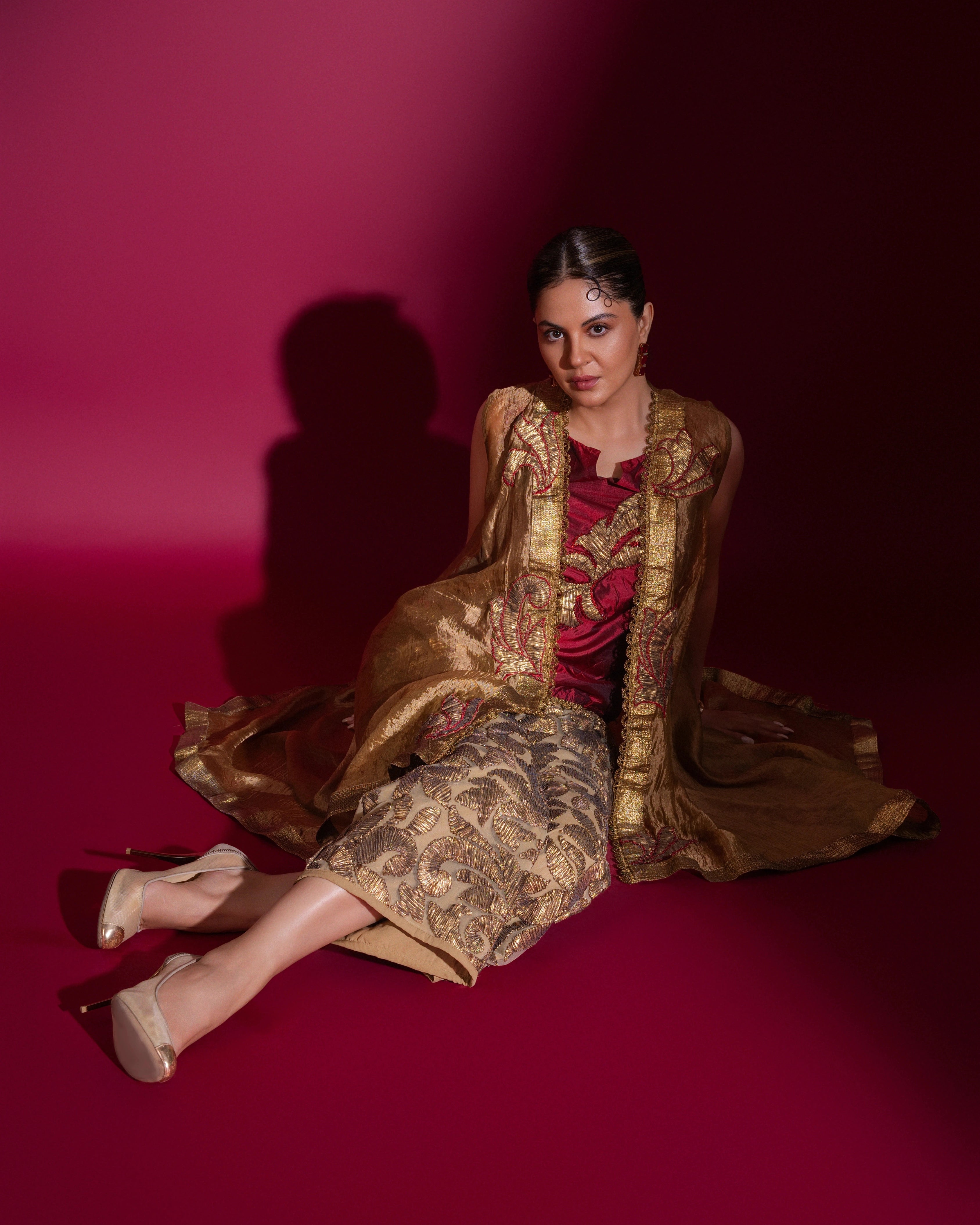 Gold and Red Silk Pant and Top with All Over Embroidered Cape Work