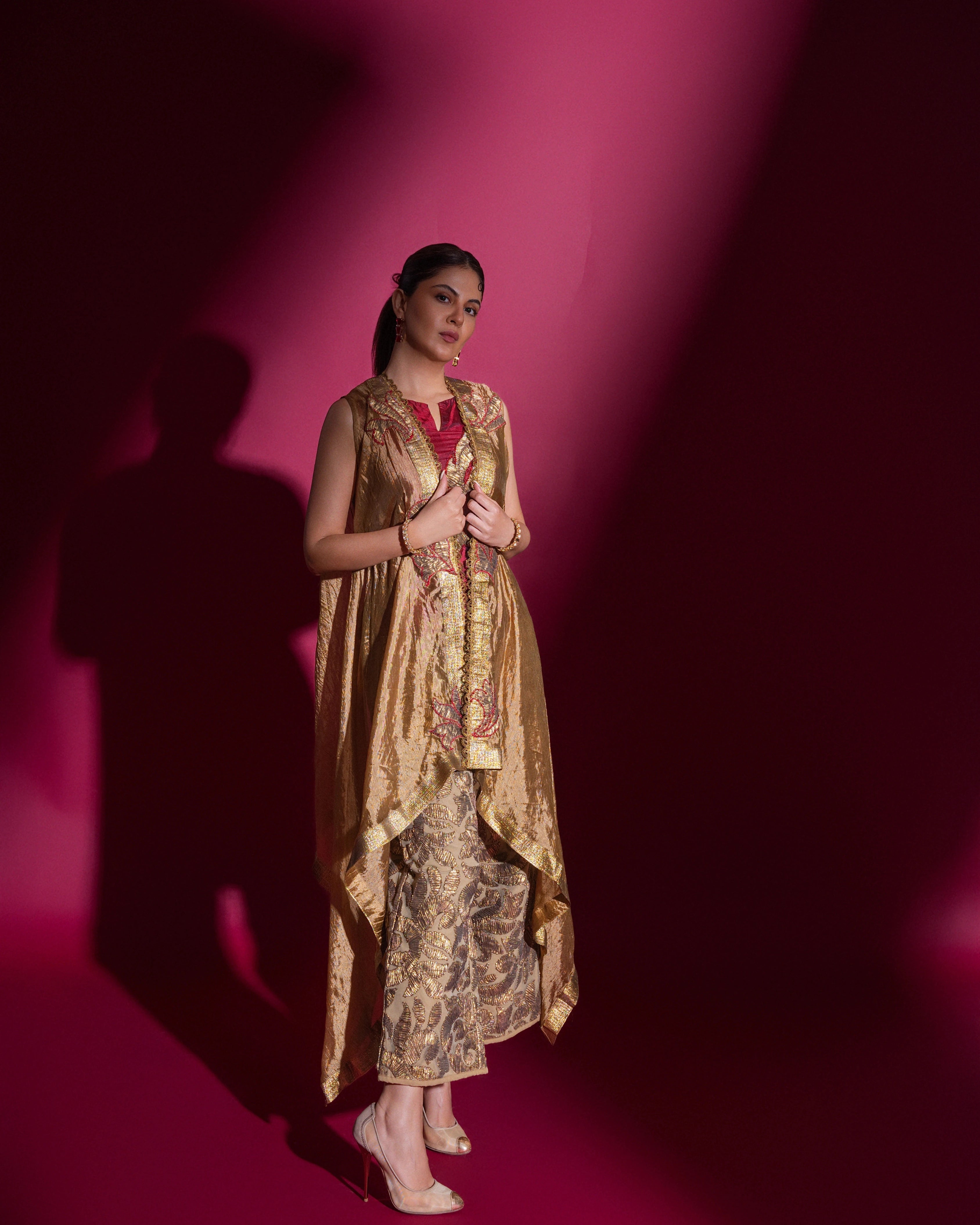 Gold and Red Silk Pant and Top with All Over Embroidered Cape Work