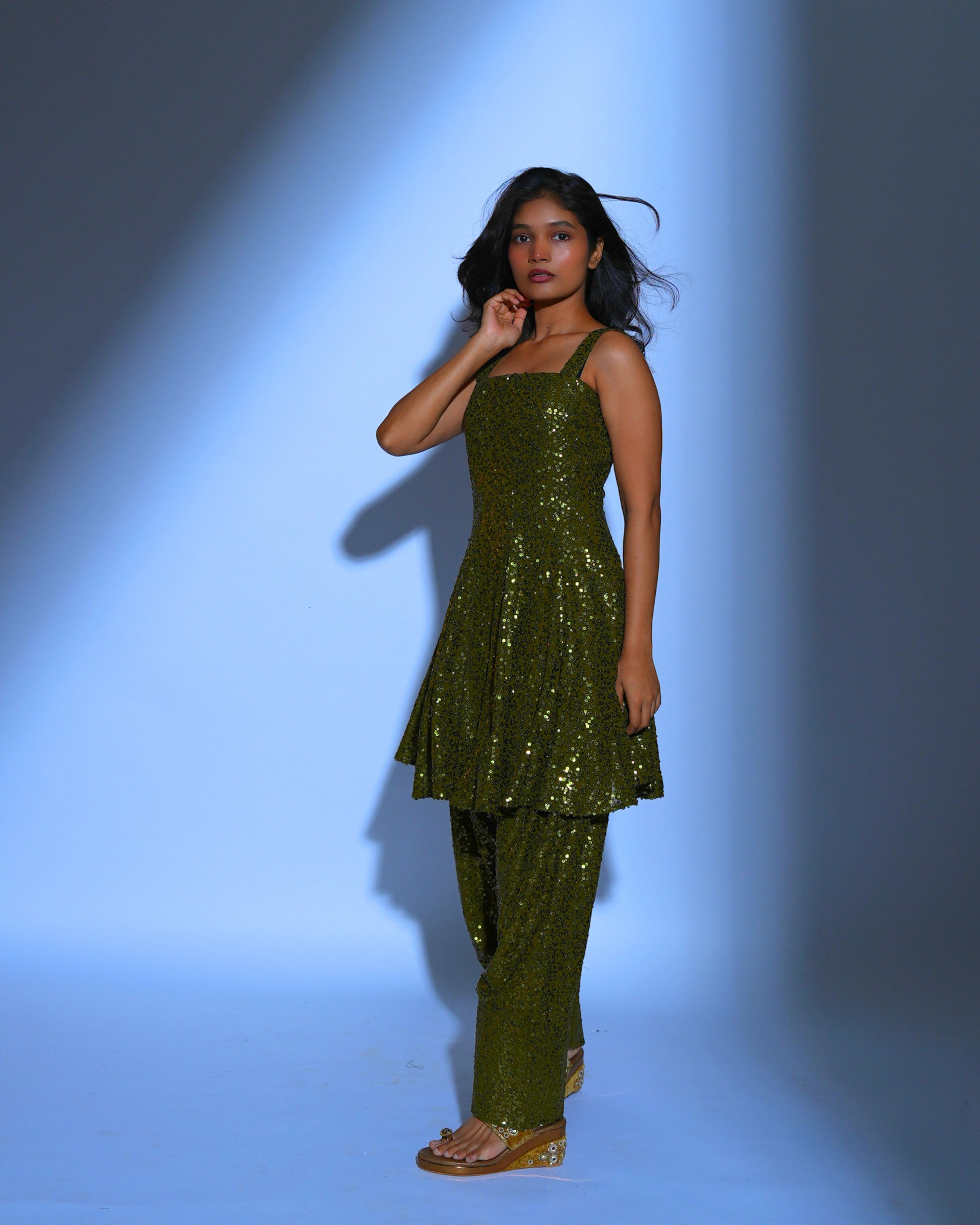 Olive Green Georgette Salwar Suit with All Over Sequin