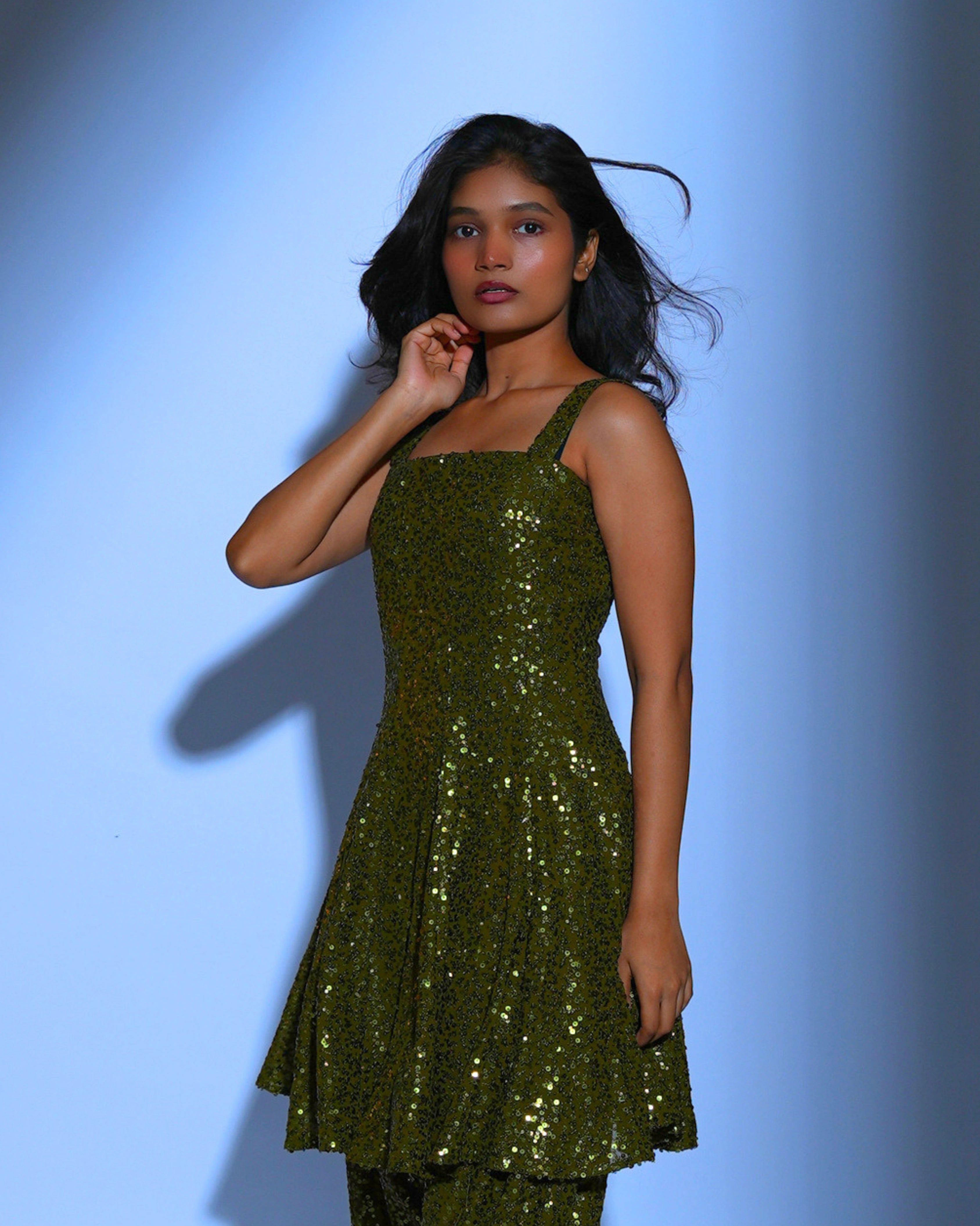 Olive Green Georgette Salwar Suit with All Over Sequin
