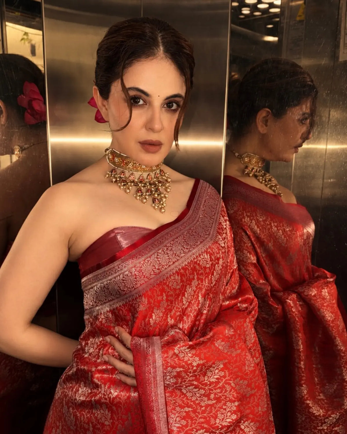 Red Banarasi Silk Saree With All Over Flower Work and Matching Blouse